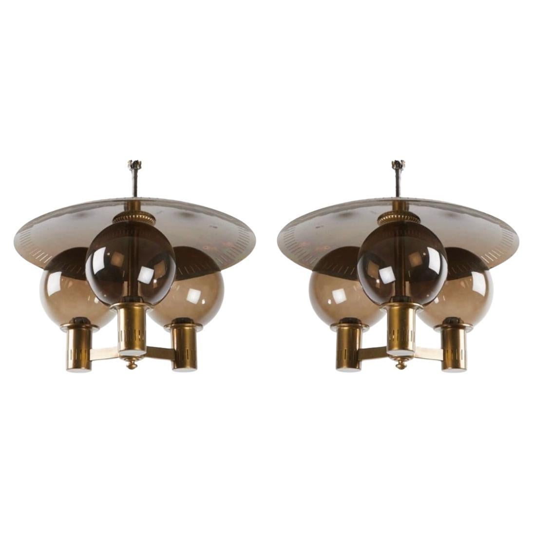 Pair of Swedish Modern Glass and Brass Ceiling Lights
