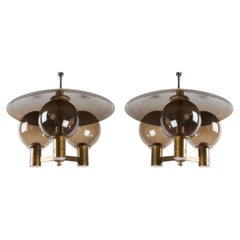 Vintage Pair of Swedish Modern Glass and Brass Ceiling Lights