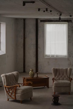 Pair of Swedish Modern Lounge Chairs, Shearling Lambswool & Elm, 1940s