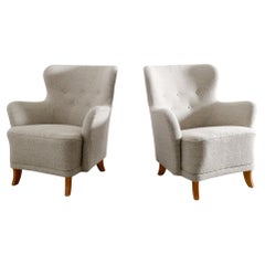 Pair of Swedish Modern Mid Century Arm Chairs in Wool Produced in Sweden, 1950s