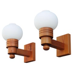Pair of Swedish Modern Pine and Opaline Glass Wall Sconces, Aneta C1970