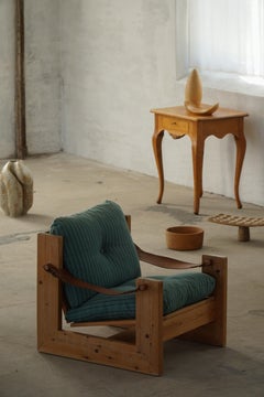 Pair of Swedish Modern Pine Lounge Chairs with Leather Armrests, 1970s
