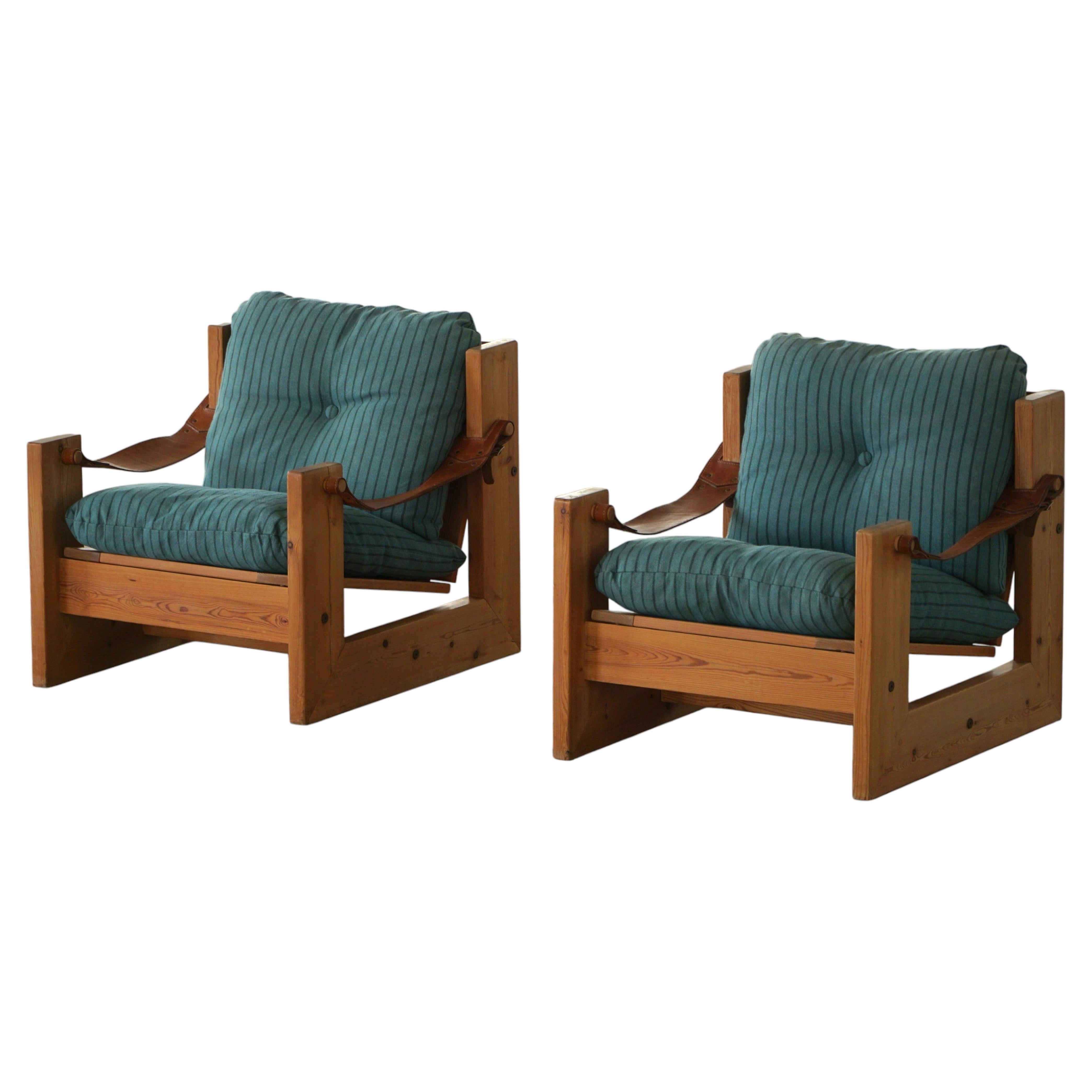 Pair of Swedish Modern Pine Lounge Chairs with Leather Armrests, 1970s