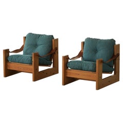 Pair of Swedish Modern Pine Lounge Chairs with Leather Armrests, 1970s