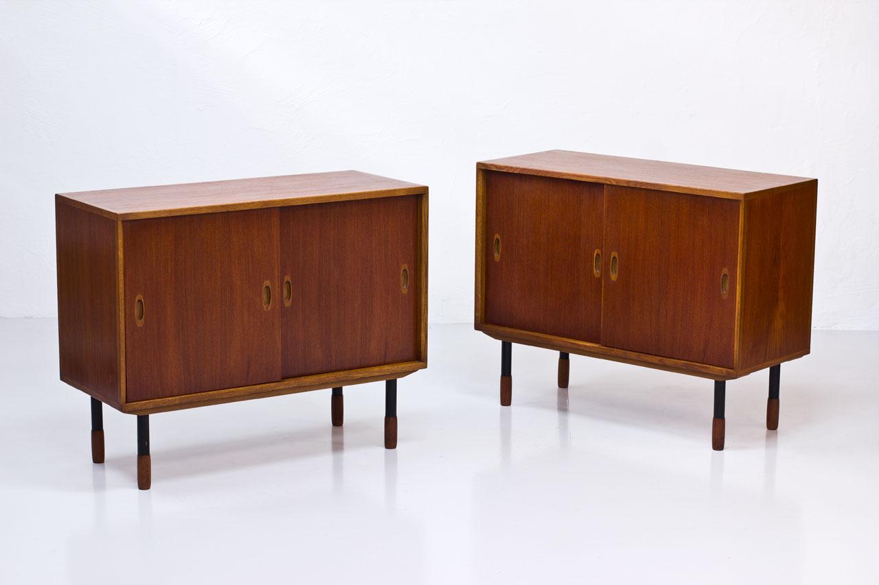 Pair of sideboards by Westbergs Möbler,
manufactured in Sweden during the 1950s.
Made from teak and oak, black lacquered
legs with teak feet. Drawers & shelves inside.
Very good vintage condition with minor
signs of wear and patina. One hole in