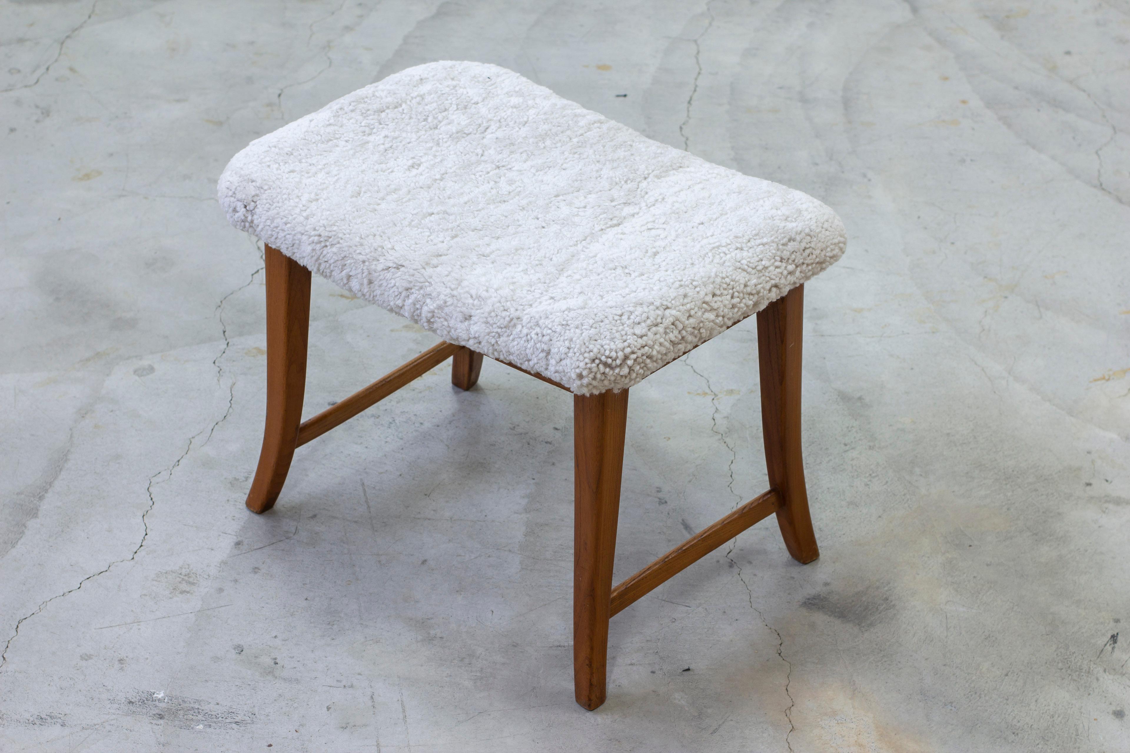 Mid-20th Century Pair of Swedish modern stools in elm with sheepskin made ca 1940s For Sale