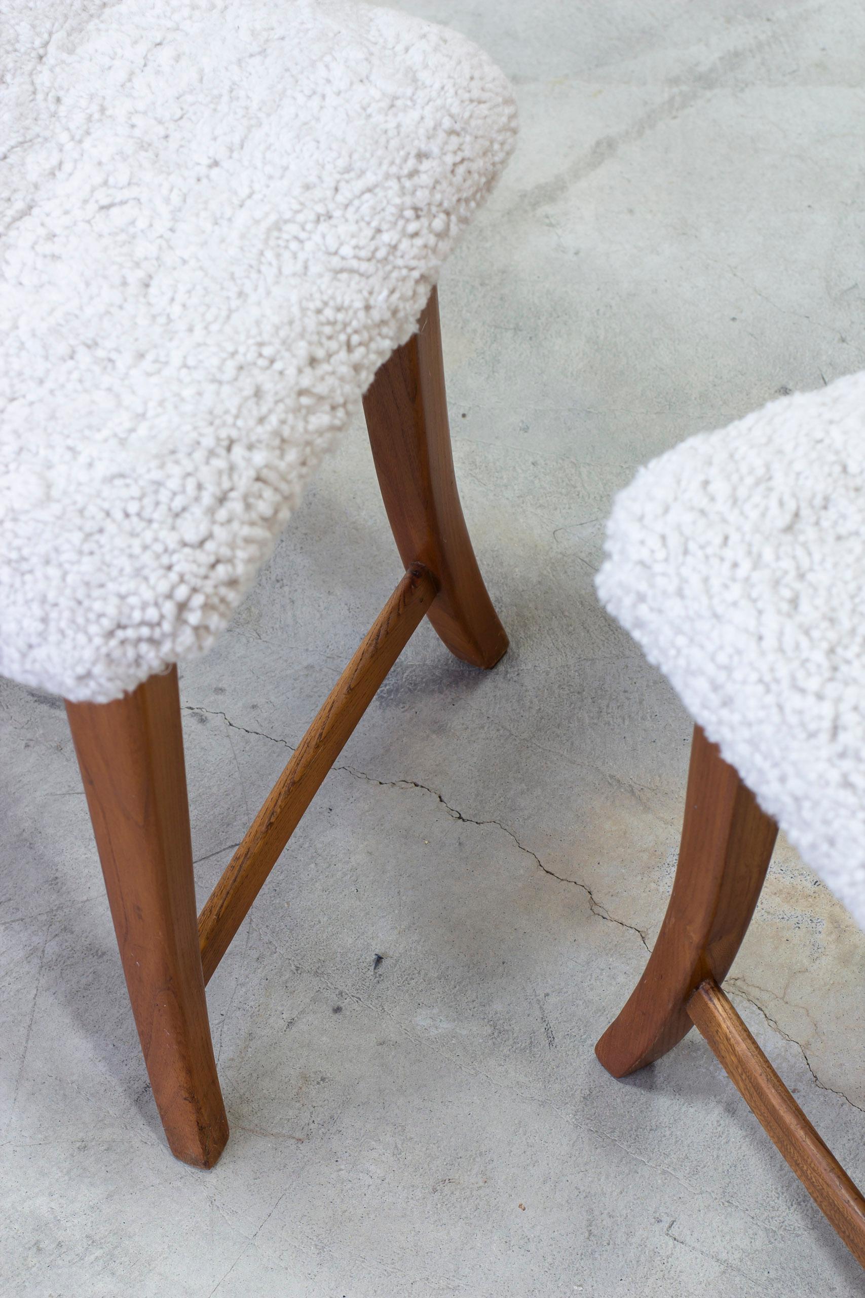 Sheepskin Pair of Swedish modern stools in elm with sheepskin made ca 1940s For Sale
