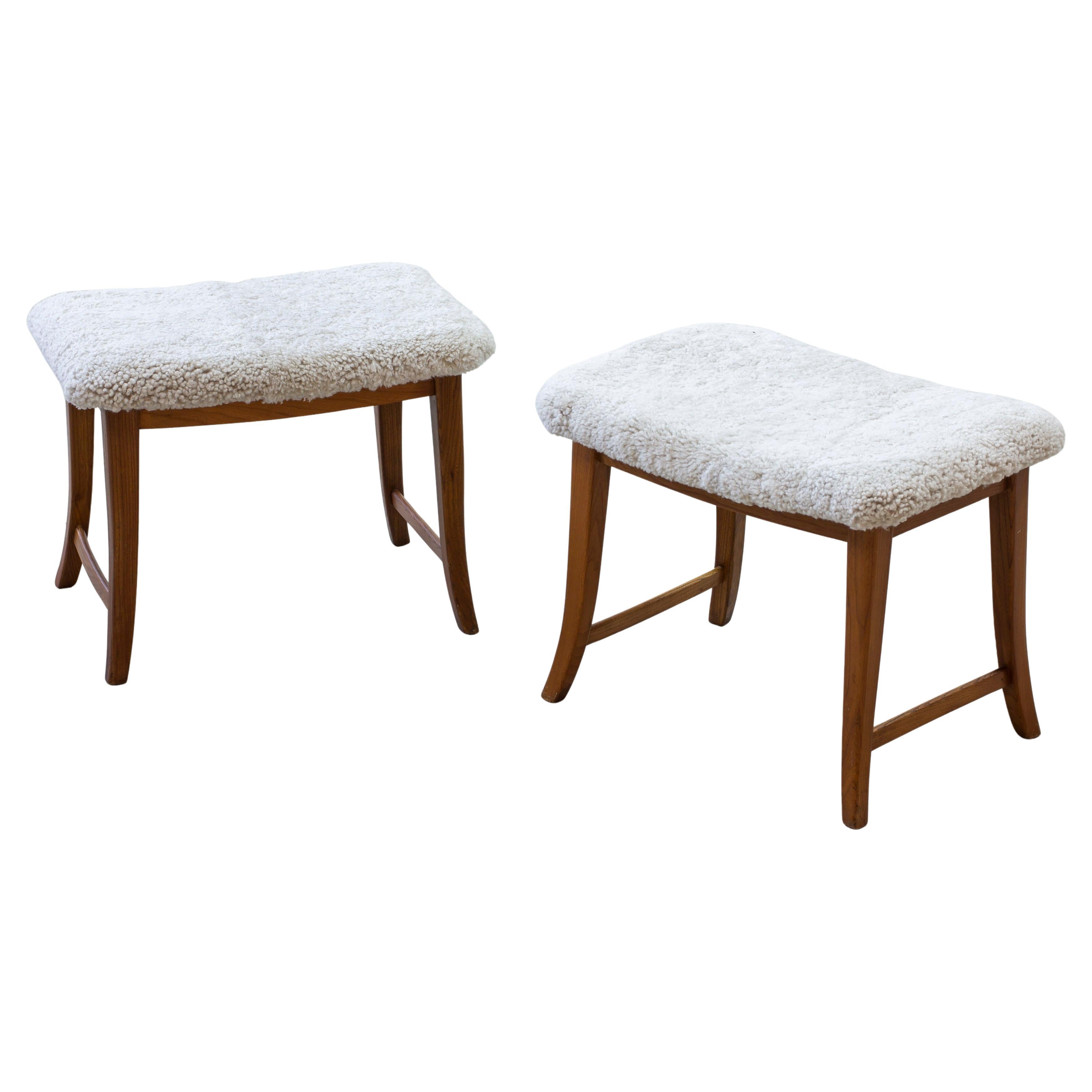 Pair of Swedish modern stools in elm with sheepskin made ca 1940s