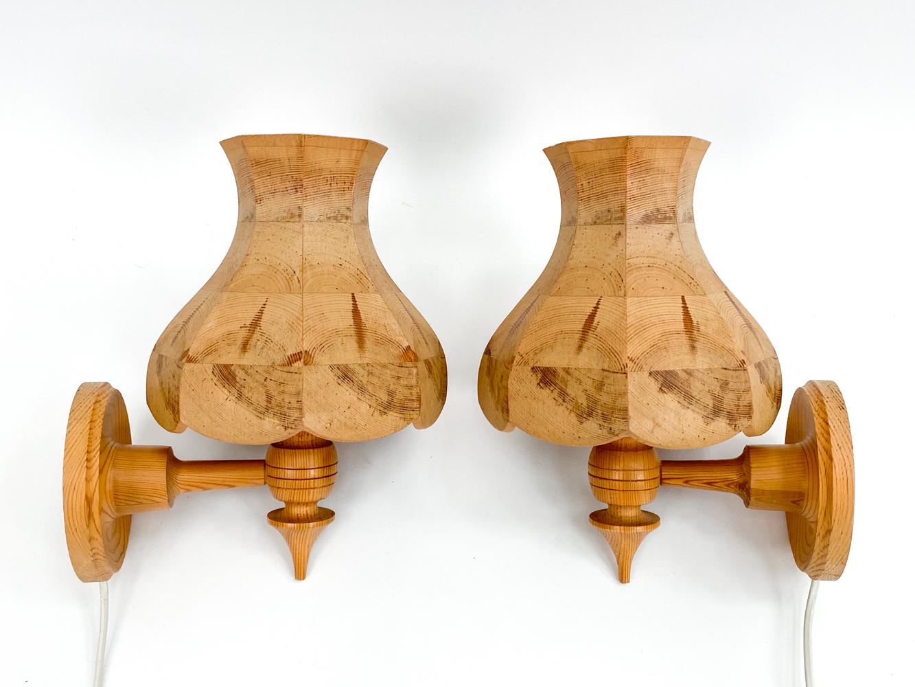 Pair of Swedish Modern Turned Pine Sconces For Sale 3