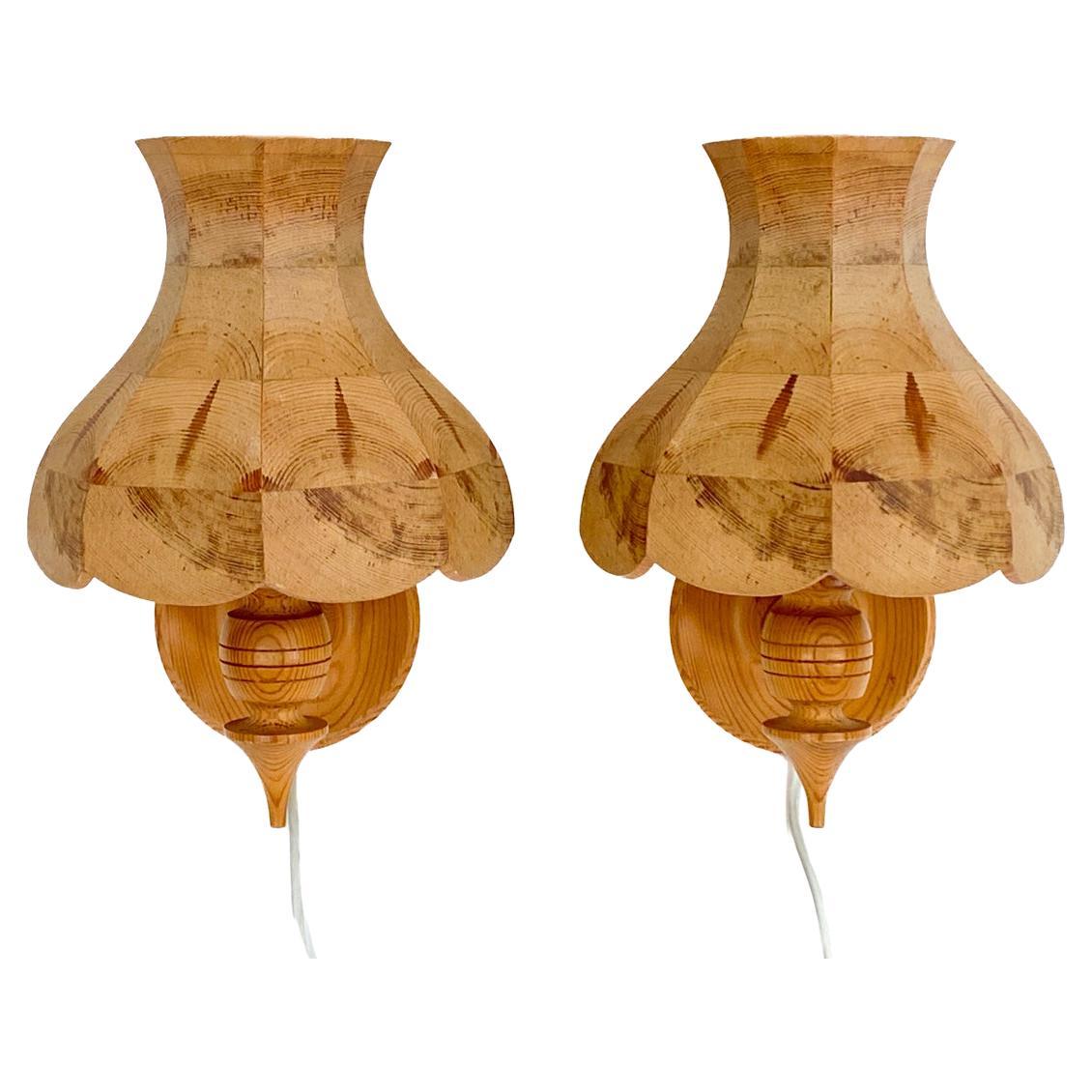 Pair of Swedish Modern Turned Pine Sconces For Sale
