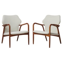 Retro Pair of Swedish Modern Upholstered White Armchairs