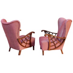 Vintage Pair of Swedish Modernist Winged Back Spider Web Armchairs, circa 1940