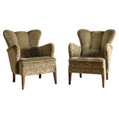 Pair of Swedish Mohair Wingback Lounge Chairs, circa 1930s