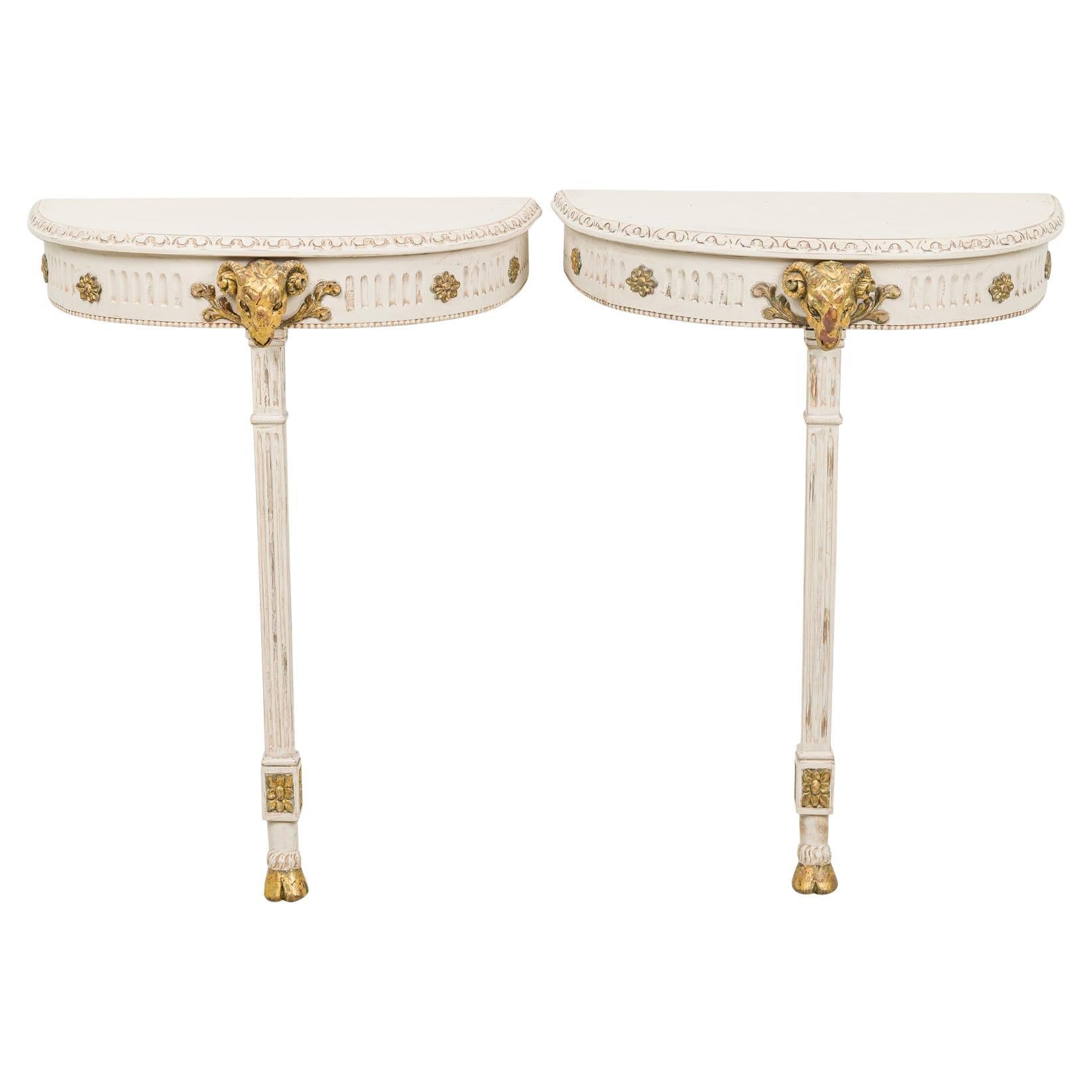 Pair of Swedish Neo-Classic Cream Painted and Gilt Demilune Wall-Mounted Console For Sale