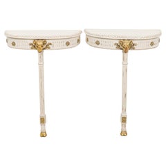 Antique Pair of Swedish Neo-Classic Cream Painted and Gilt Demilune Wall-Mounted Console