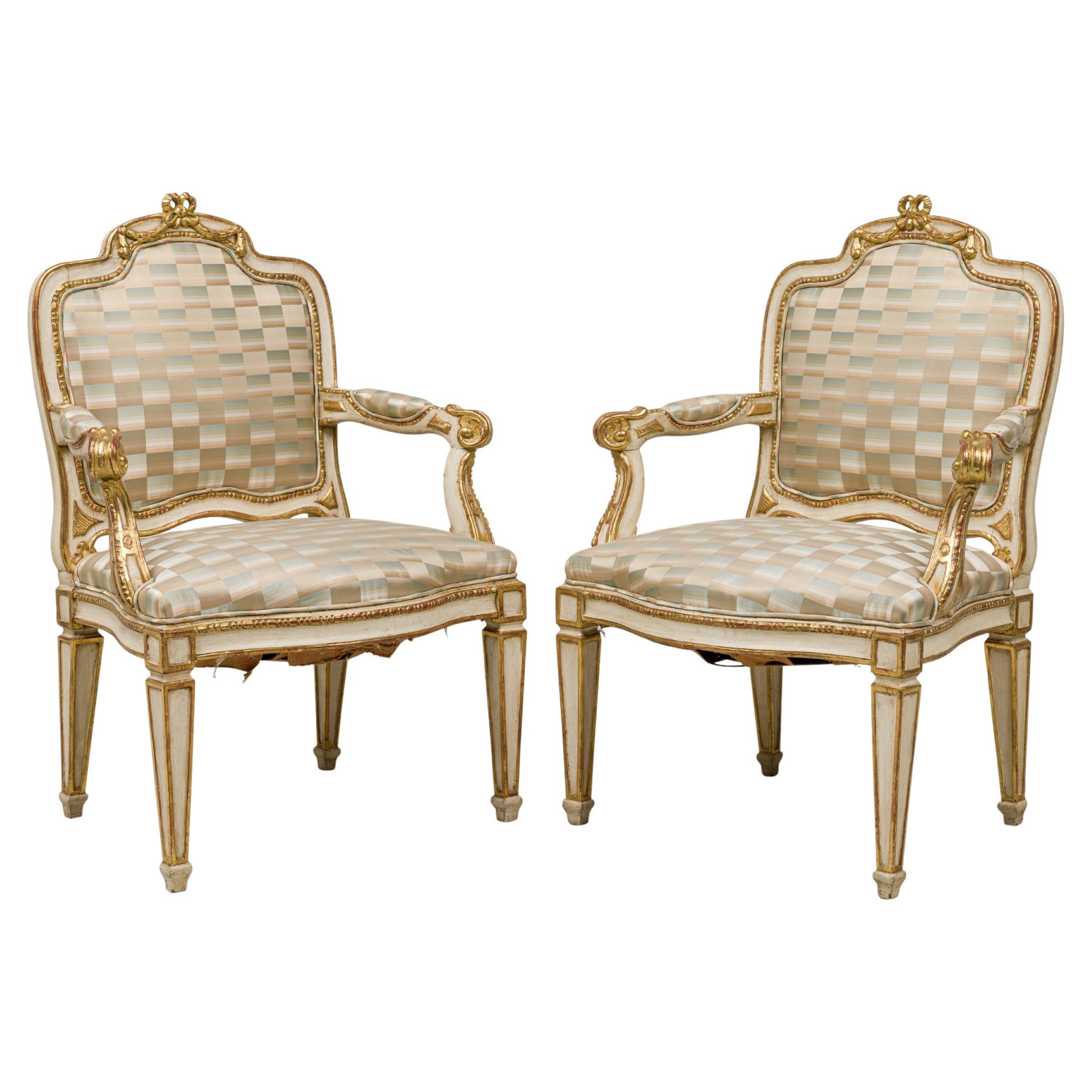 Pair of Swedish Neoclassic Cream Painted, Parcel-Gilt Armchairs