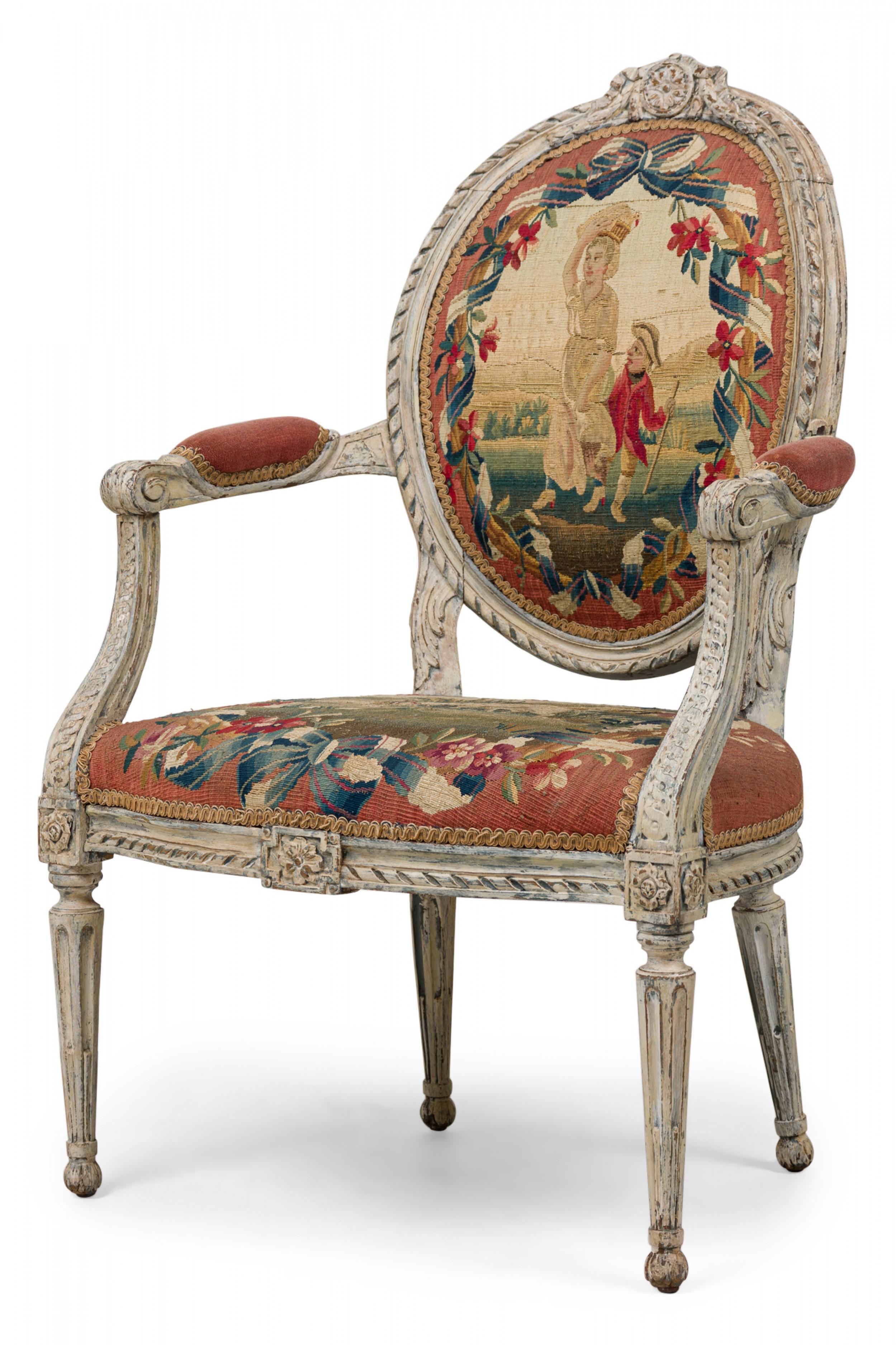 Louis XVI Pair of Swedish Neo-Classic Painted Tapestry Upholstered Armchairs For Sale