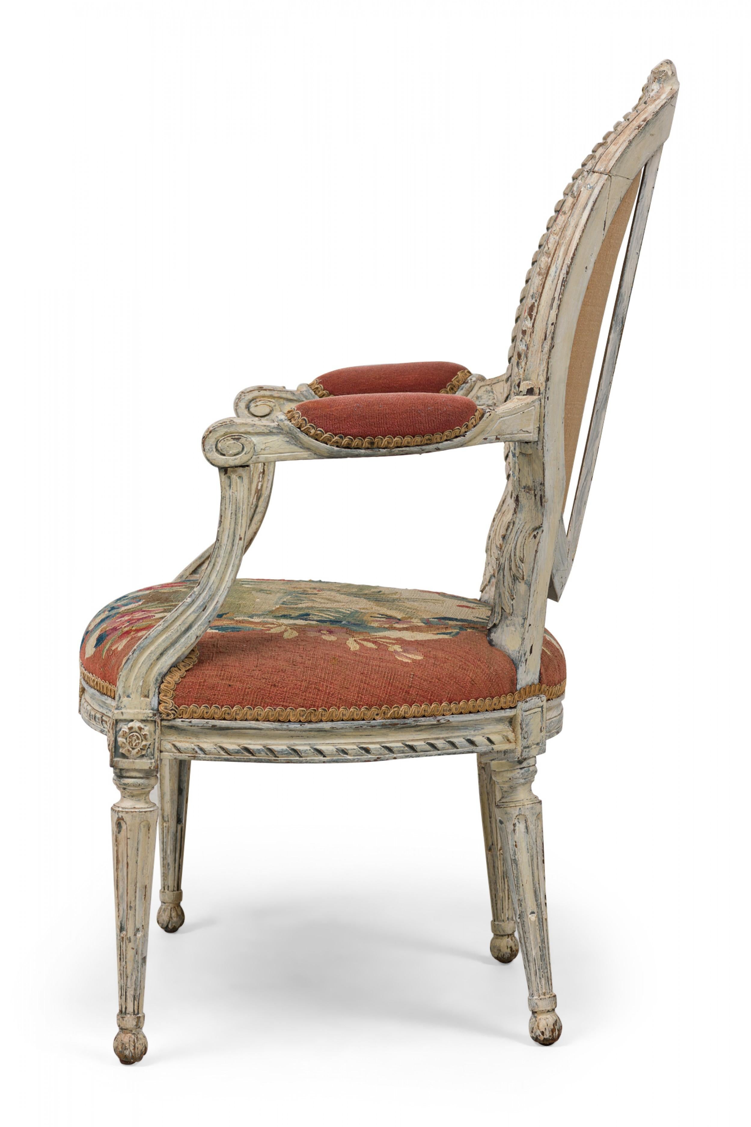 French Pair of Swedish Neo-Classic Painted Tapestry Upholstered Armchairs For Sale