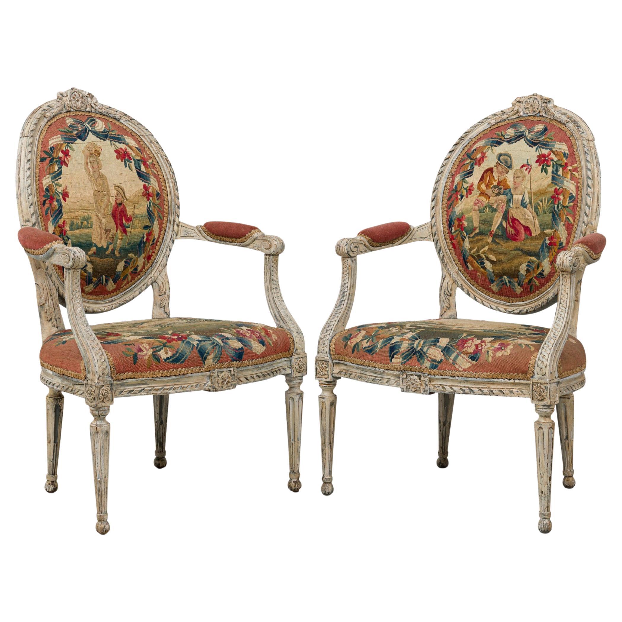 Pair of Swedish Neo-Classic Painted Tapestry Upholstered Armchairs For Sale