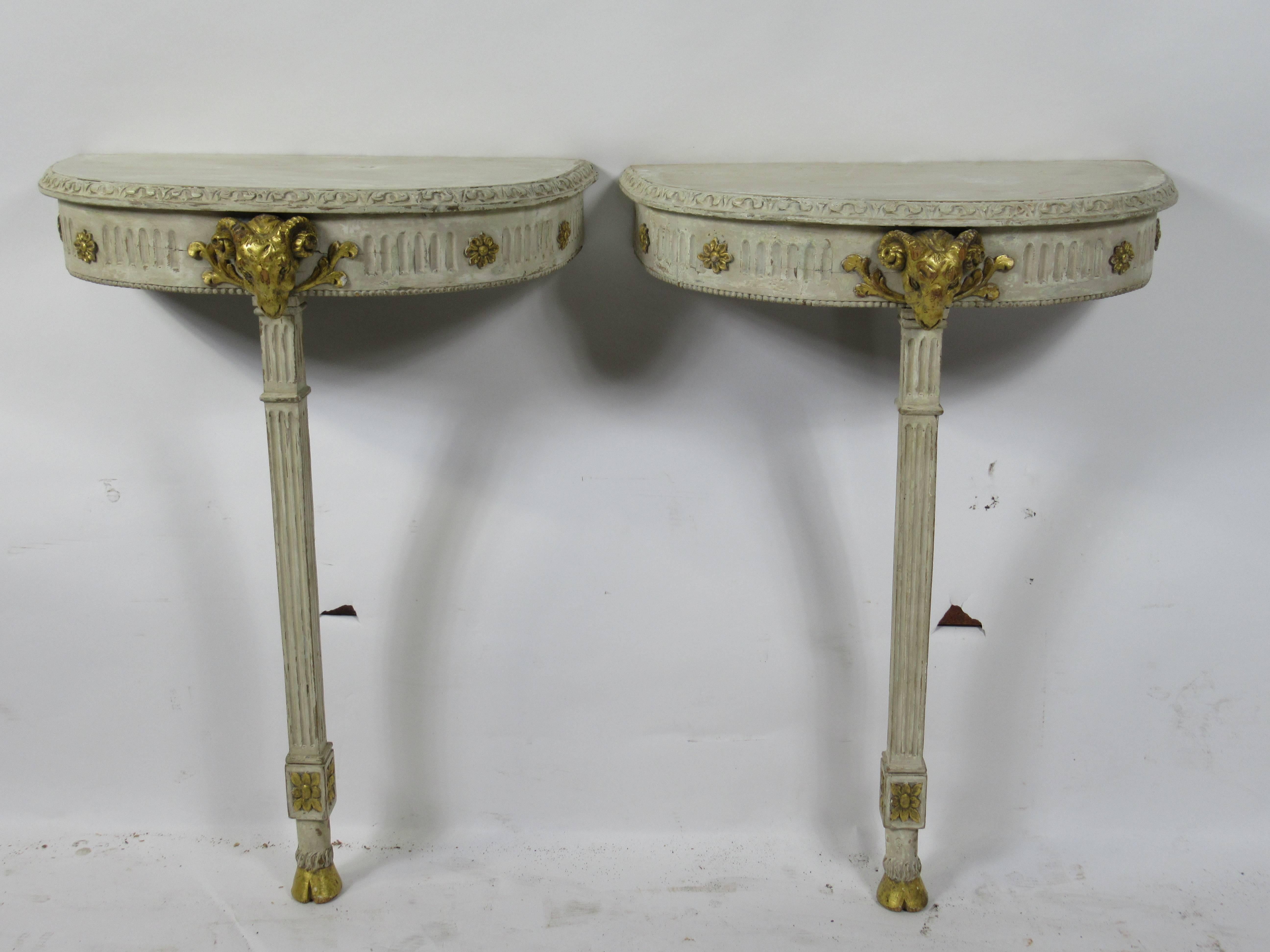 Neoclassical Pair of Swedish Neoclassic Cream Painted and Gilt Demilune Console Tables For Sale