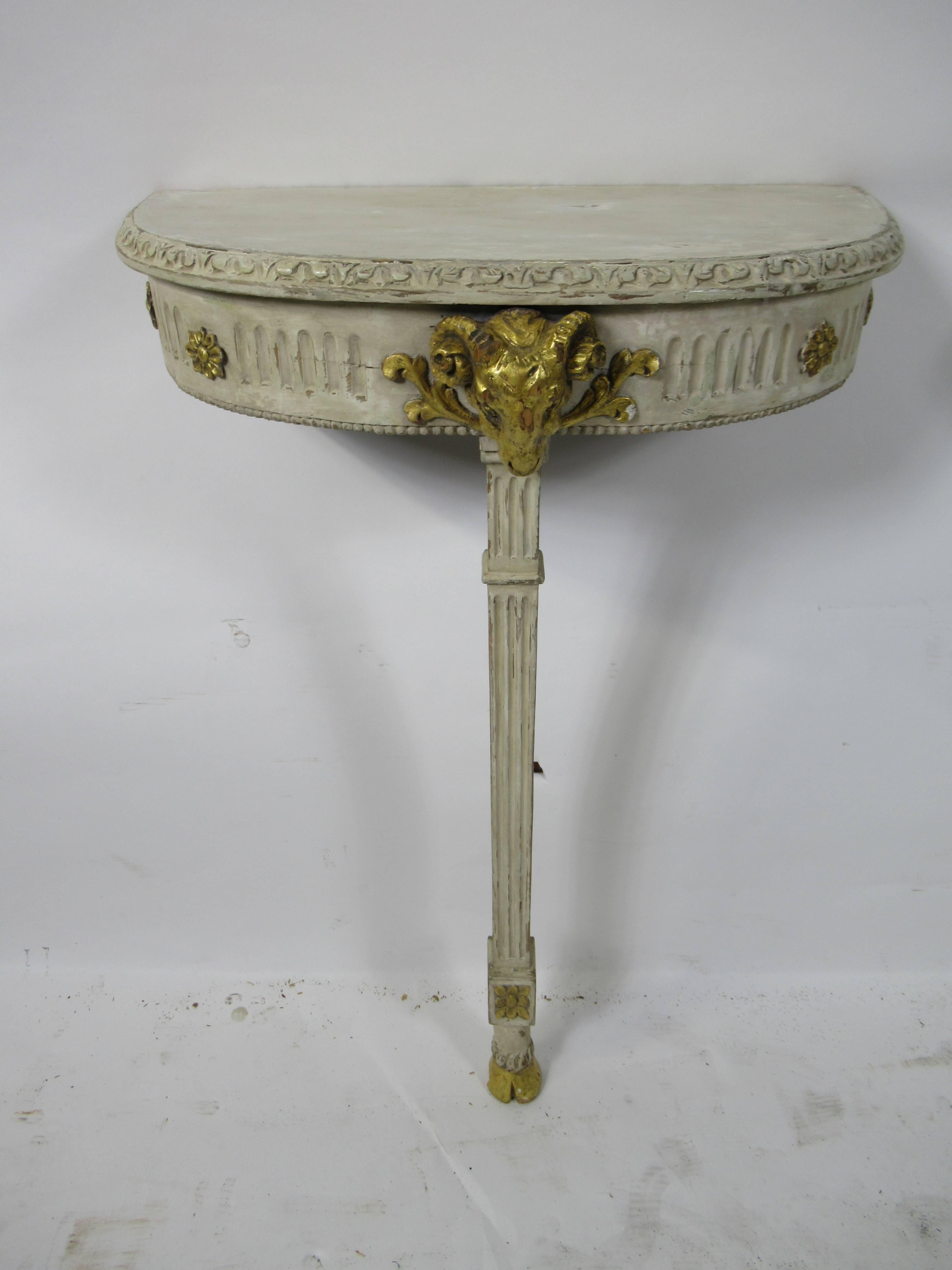 Pair of Swedish Neoclassic Cream Painted and Gilt Demilune Console Tables In Excellent Condition For Sale In Hollywood, FL