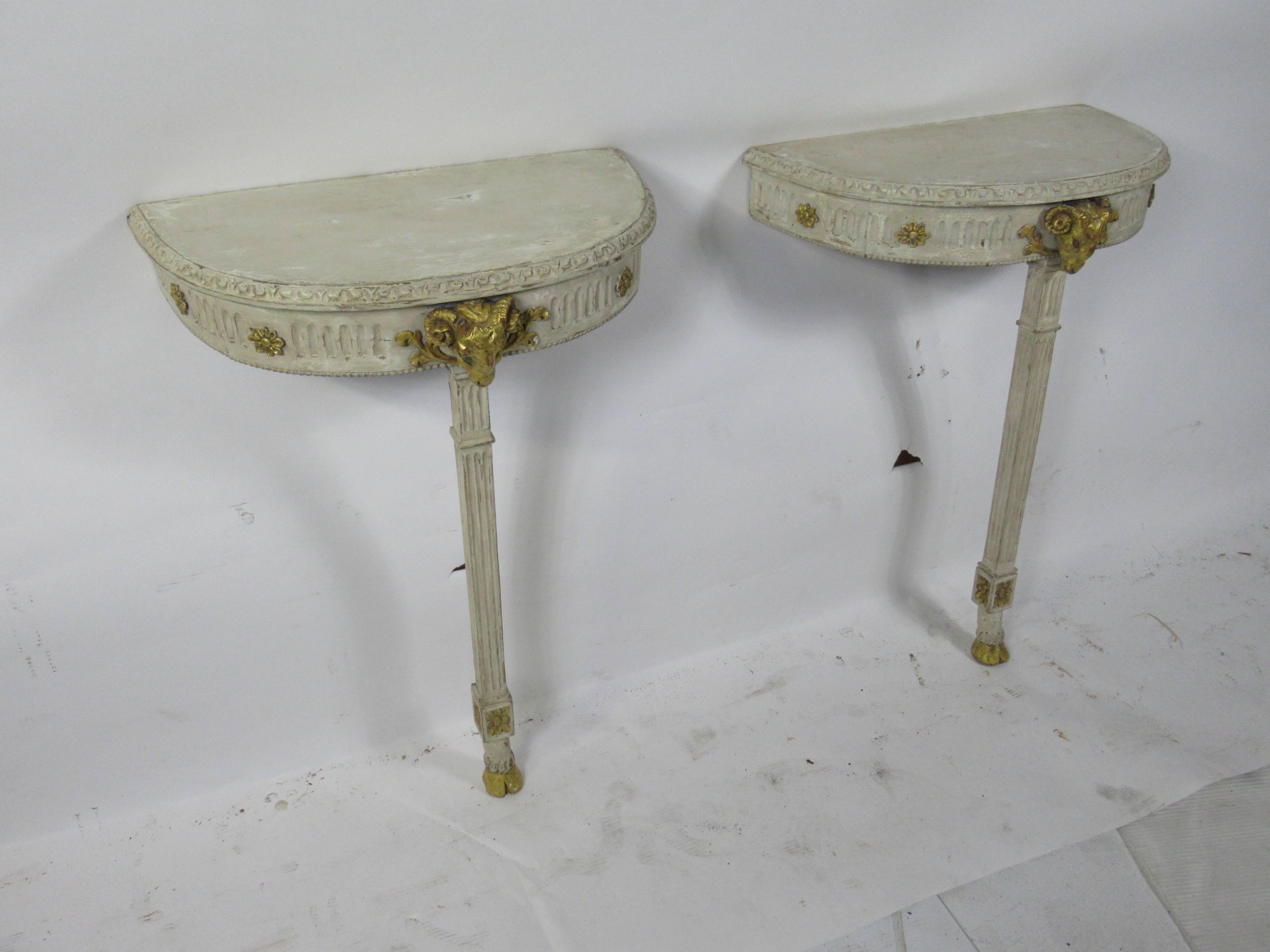 Late 18th Century Pair of Swedish Neoclassic Cream Painted and Gilt Demilune Console Tables For Sale