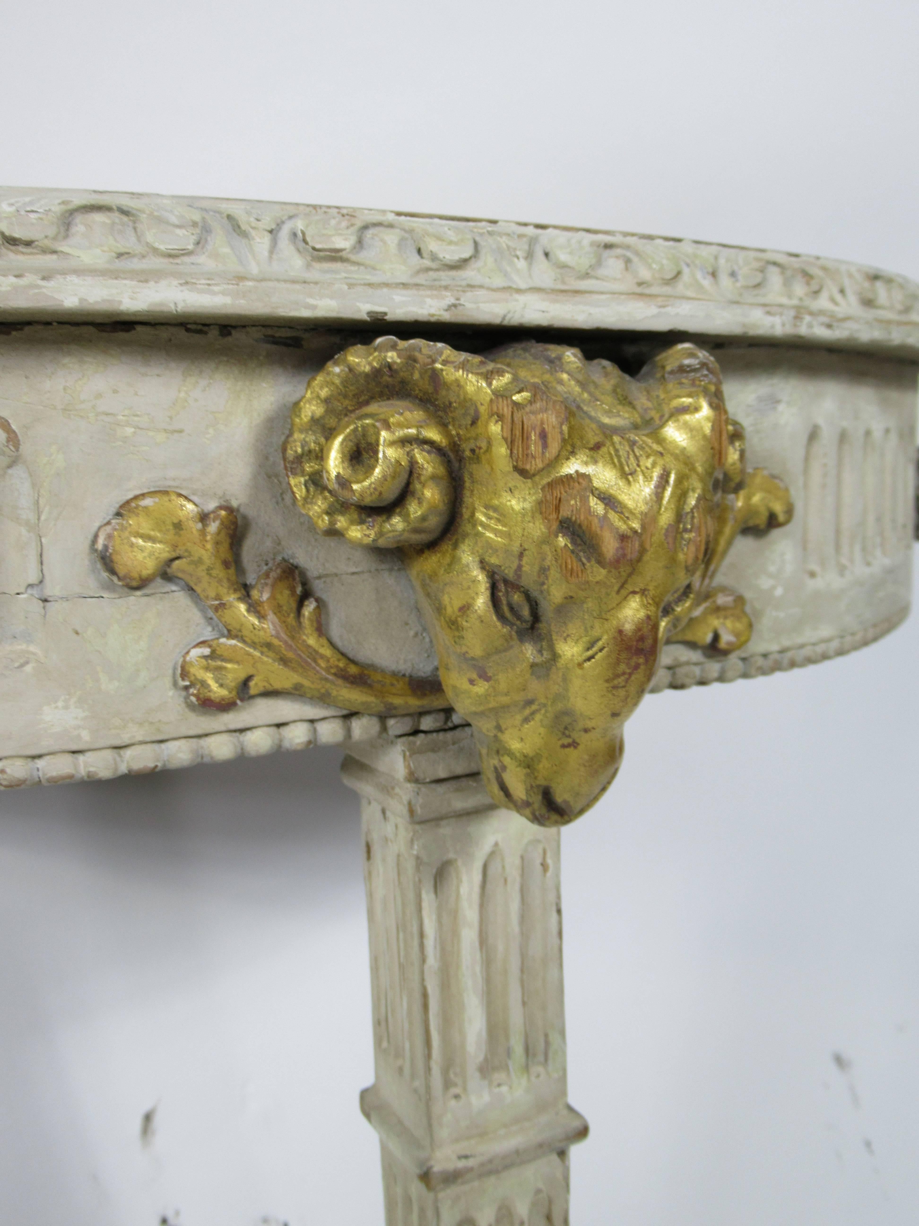 Pair of Swedish Neoclassic Cream Painted and Gilt Demilune Console Tables For Sale 1