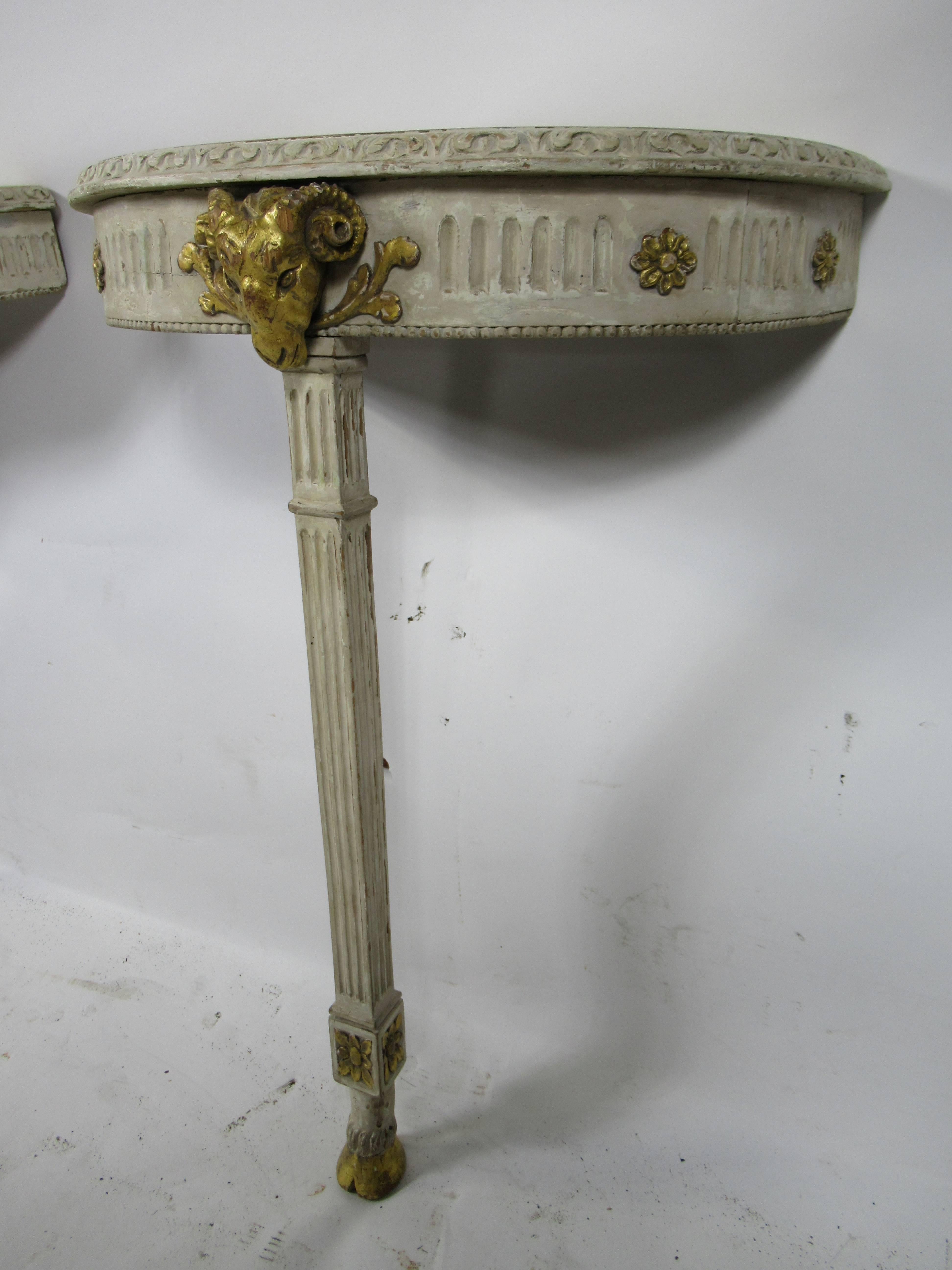 Pair of Swedish Neoclassic Cream Painted and Gilt Demilune Console Tables For Sale 2