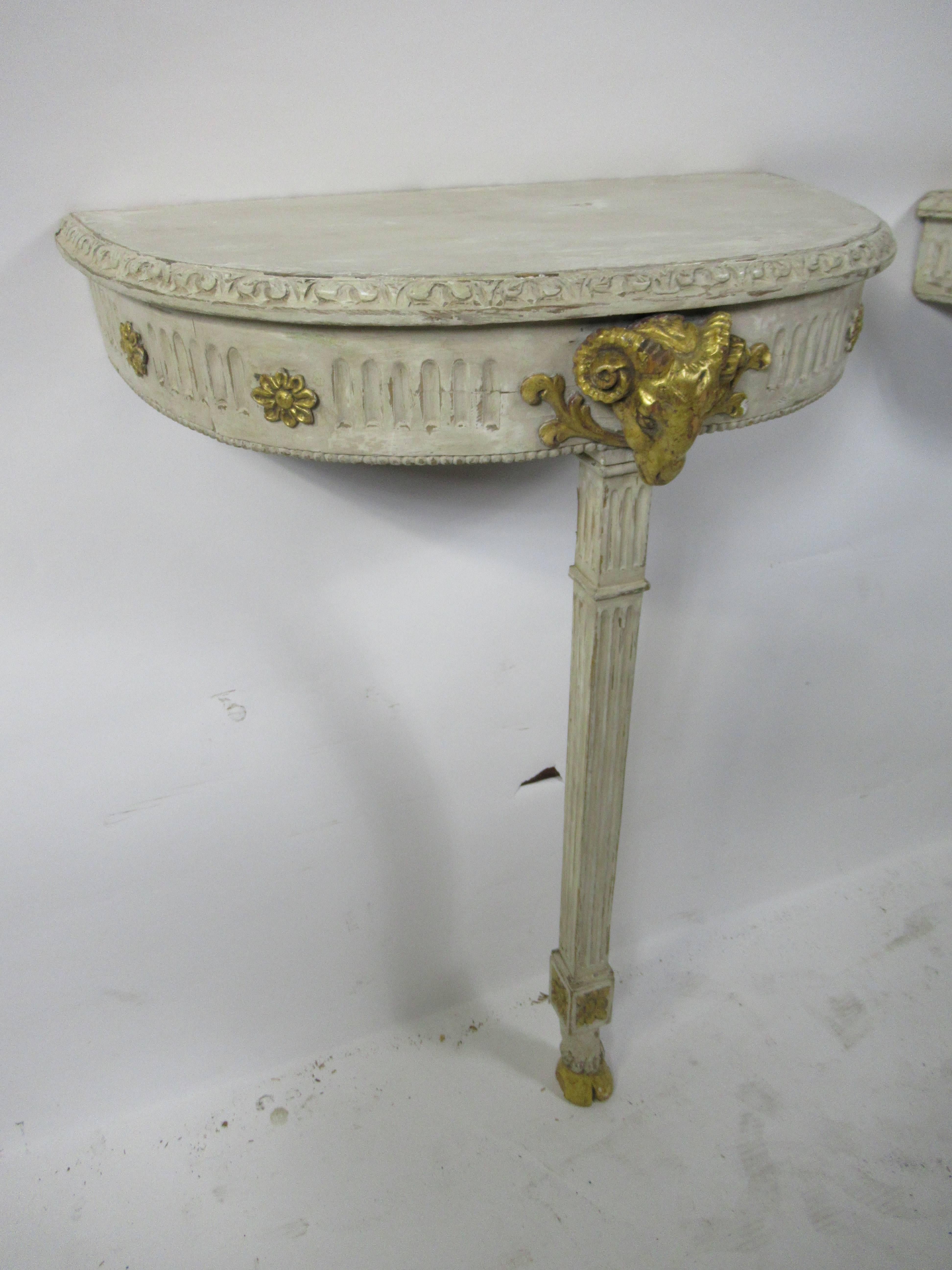 Pair of Swedish Neoclassic Cream Painted and Gilt Demilune Console Tables For Sale 3