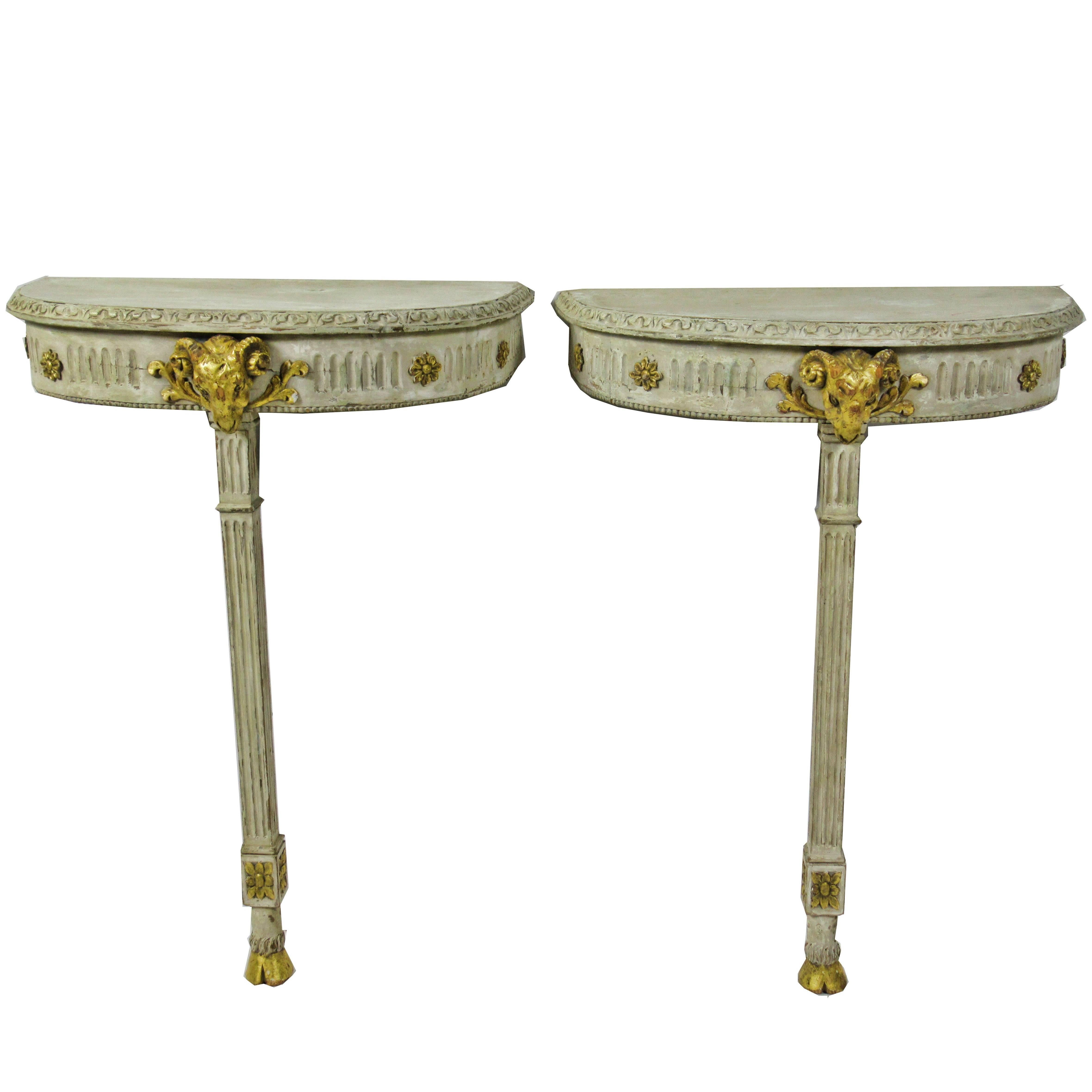 Pair of Swedish Neoclassic Cream Painted and Gilt Demilune Console Tables For Sale
