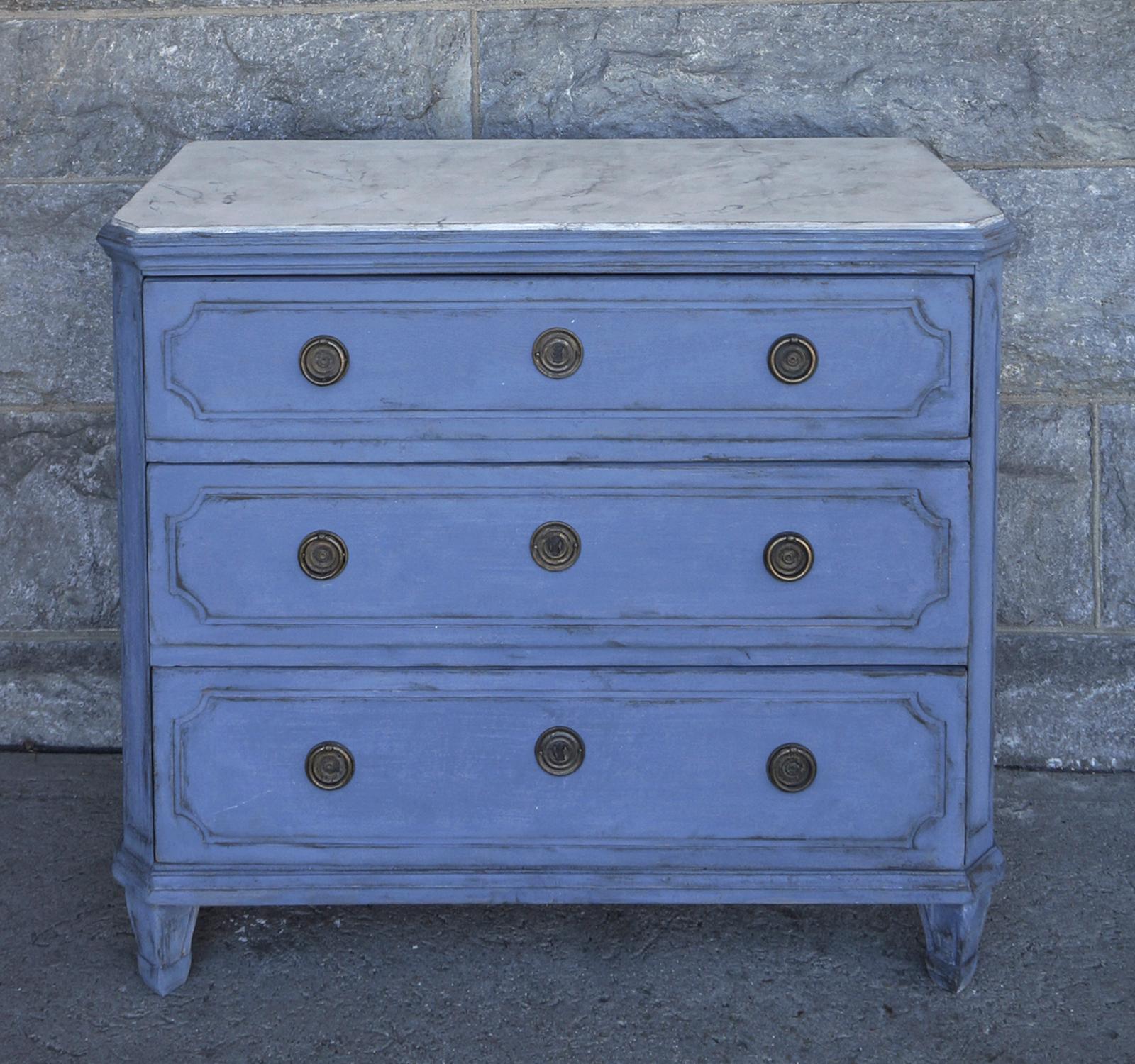 Pair of Swedish Neoclassical Chests in Blue Paint In Good Condition In Great Barrington, MA