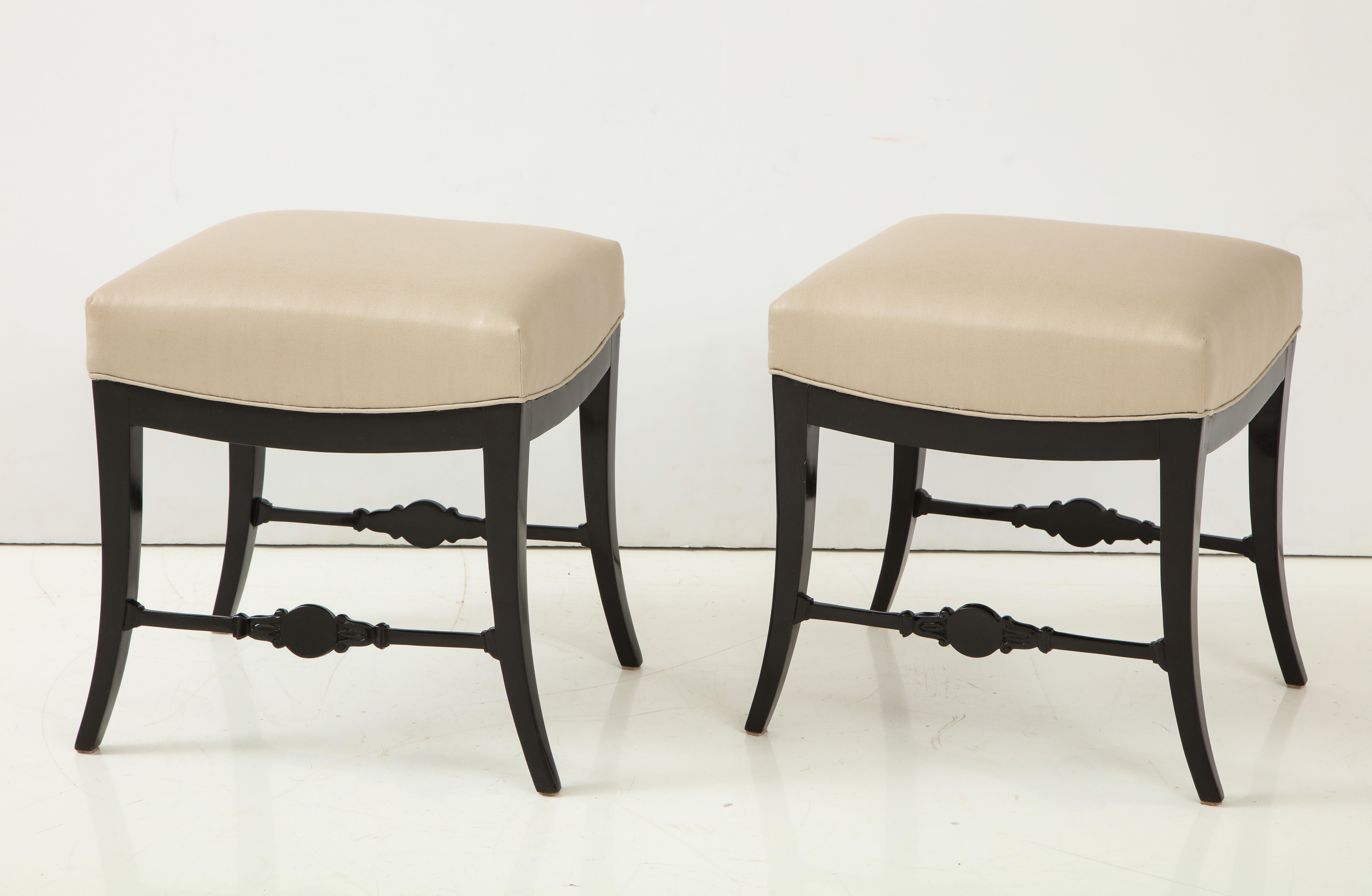 Pair of Swedish Neoclassical Ebonized and Upholstered Stools, circa 1830s In Good Condition In New York, NY
