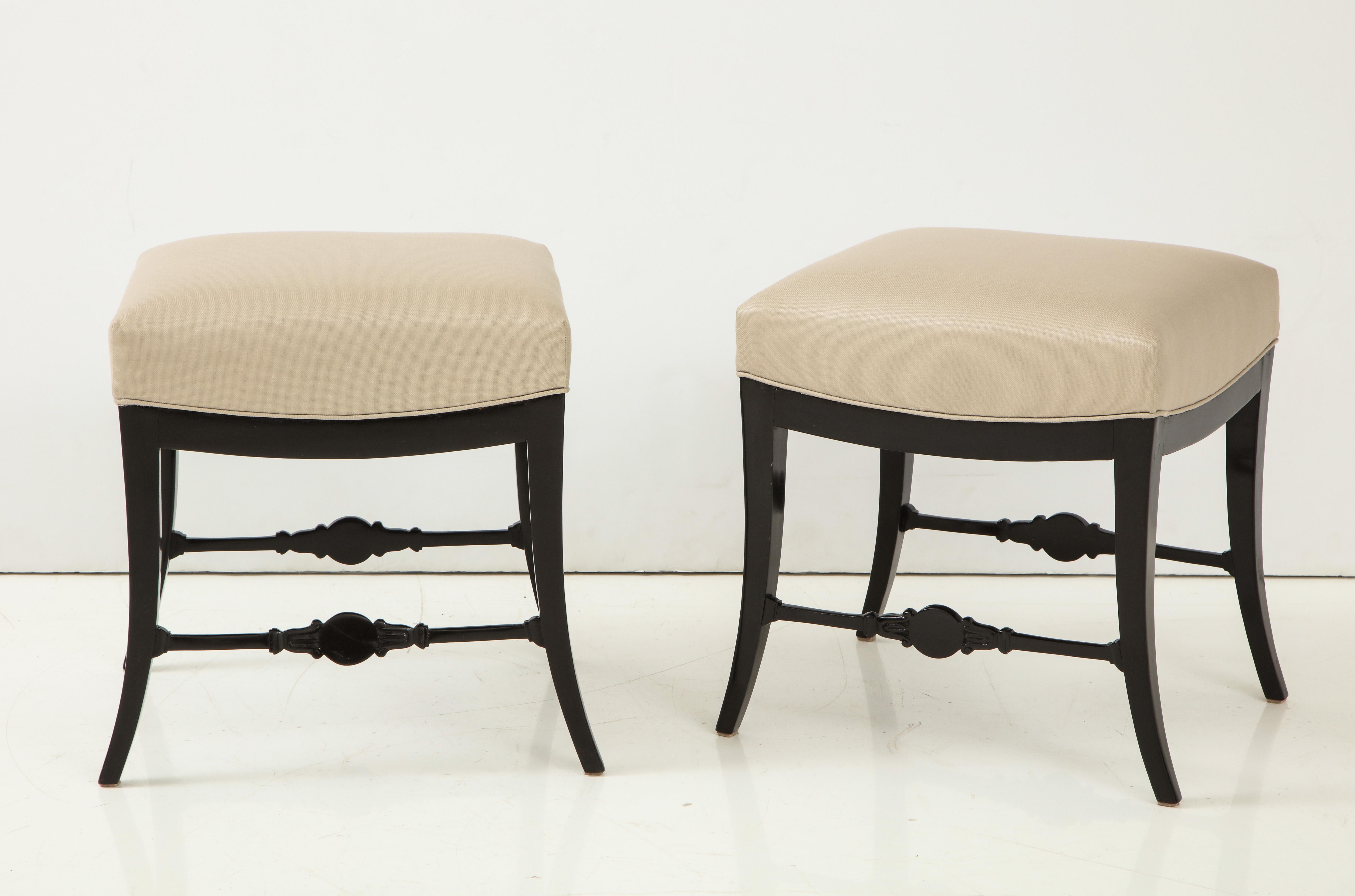 Mid-19th Century Pair of Swedish Neoclassical Ebonized and Upholstered Stools, circa 1830s