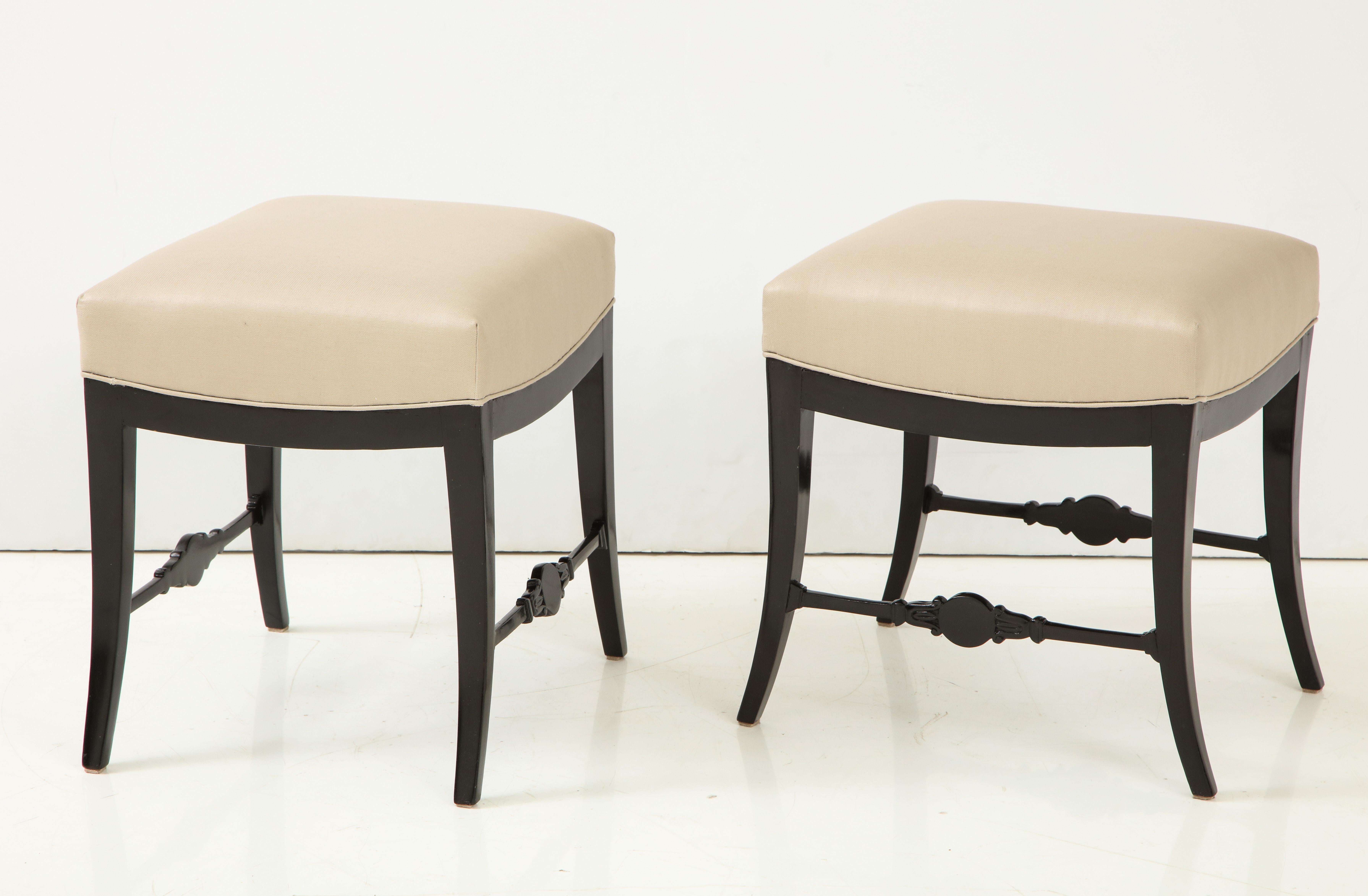 Wood Pair of Swedish Neoclassical Ebonized and Upholstered Stools, circa 1830s