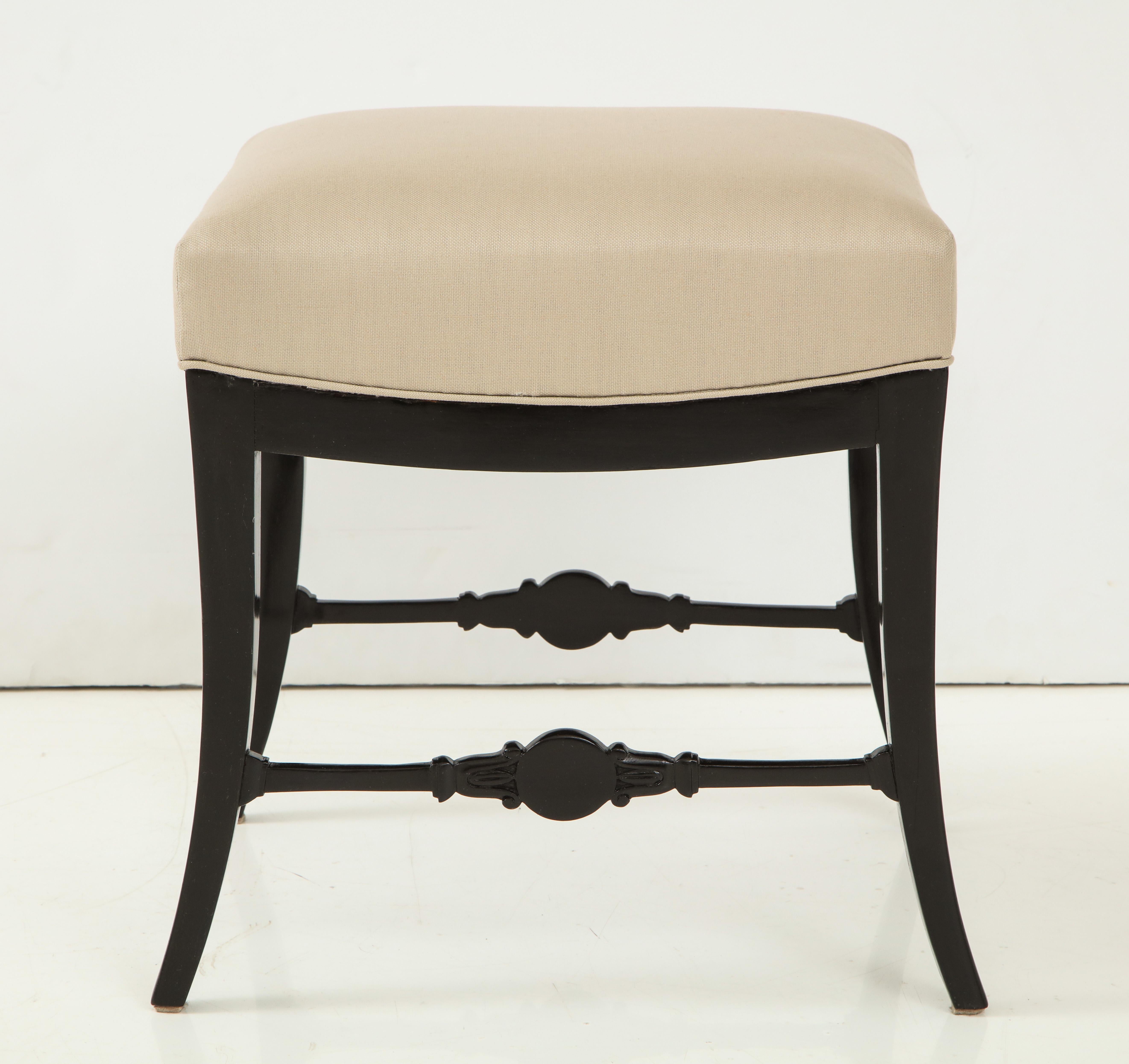 Pair of Swedish Neoclassical Ebonized and Upholstered Stools, circa 1830s 1