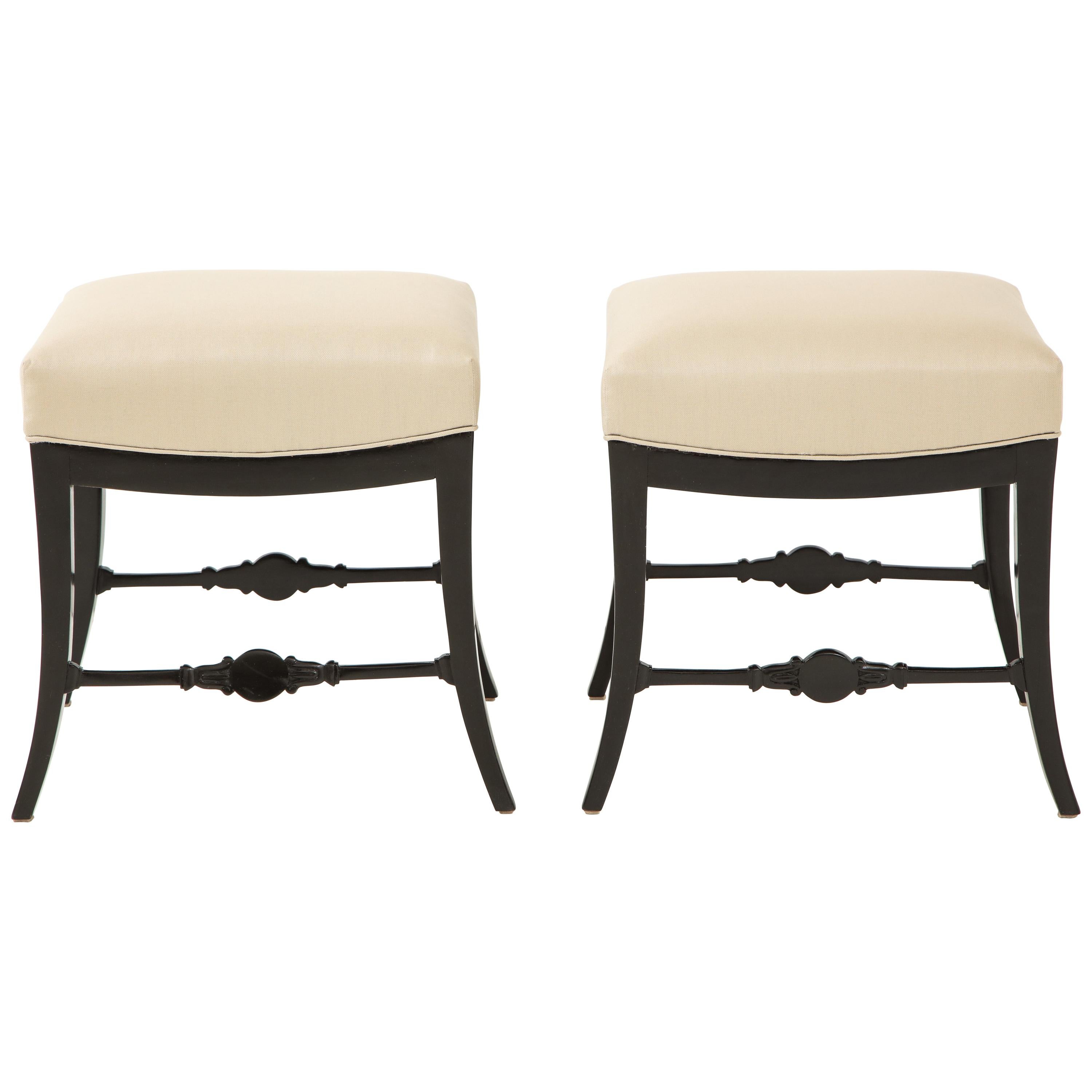Pair of Swedish Neoclassical Ebonized and Upholstered Stools, circa 1830s
