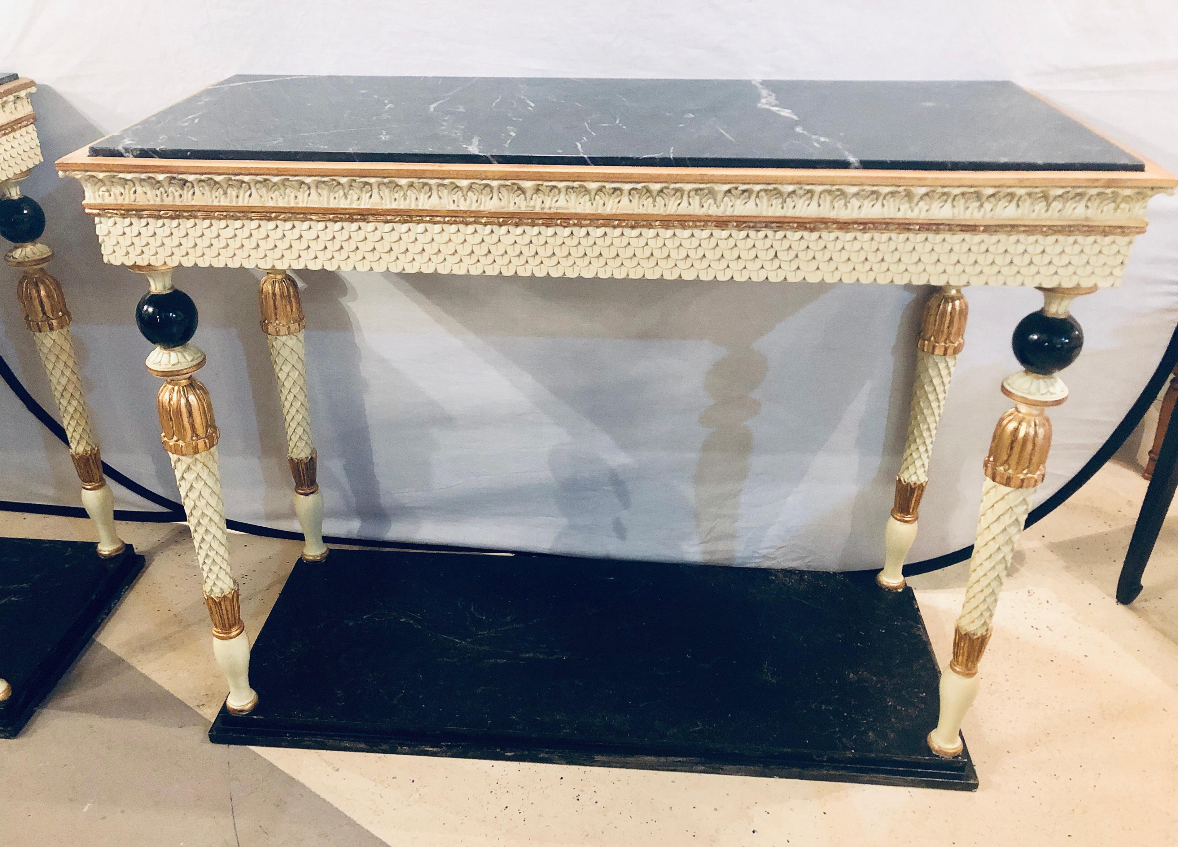 20th Century Pair of Swedish Neoclassical Maison Jansen Marble-Top Console Tables