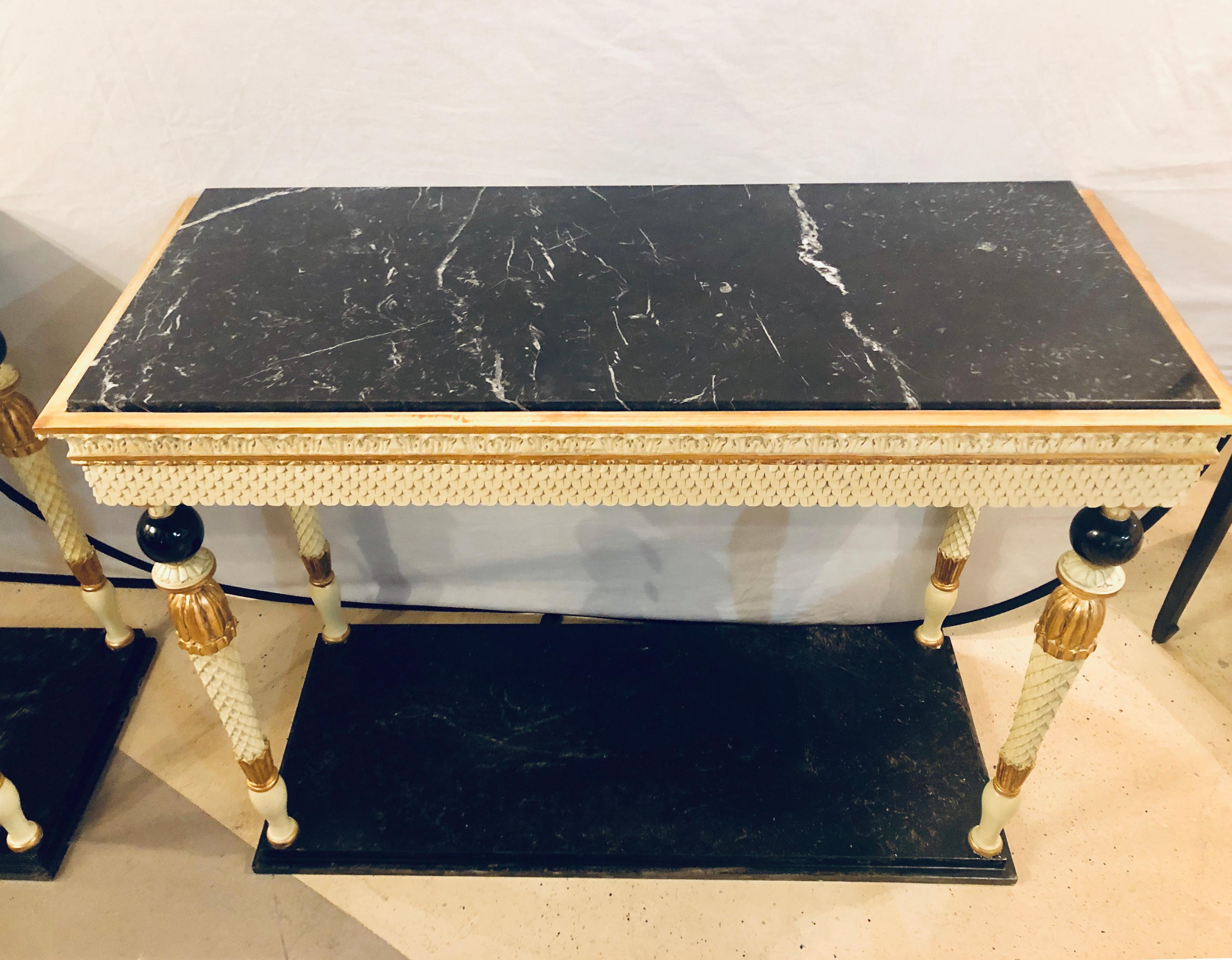Pair of Swedish Neoclassical Maison Jansen Marble-Top Console Tables 1