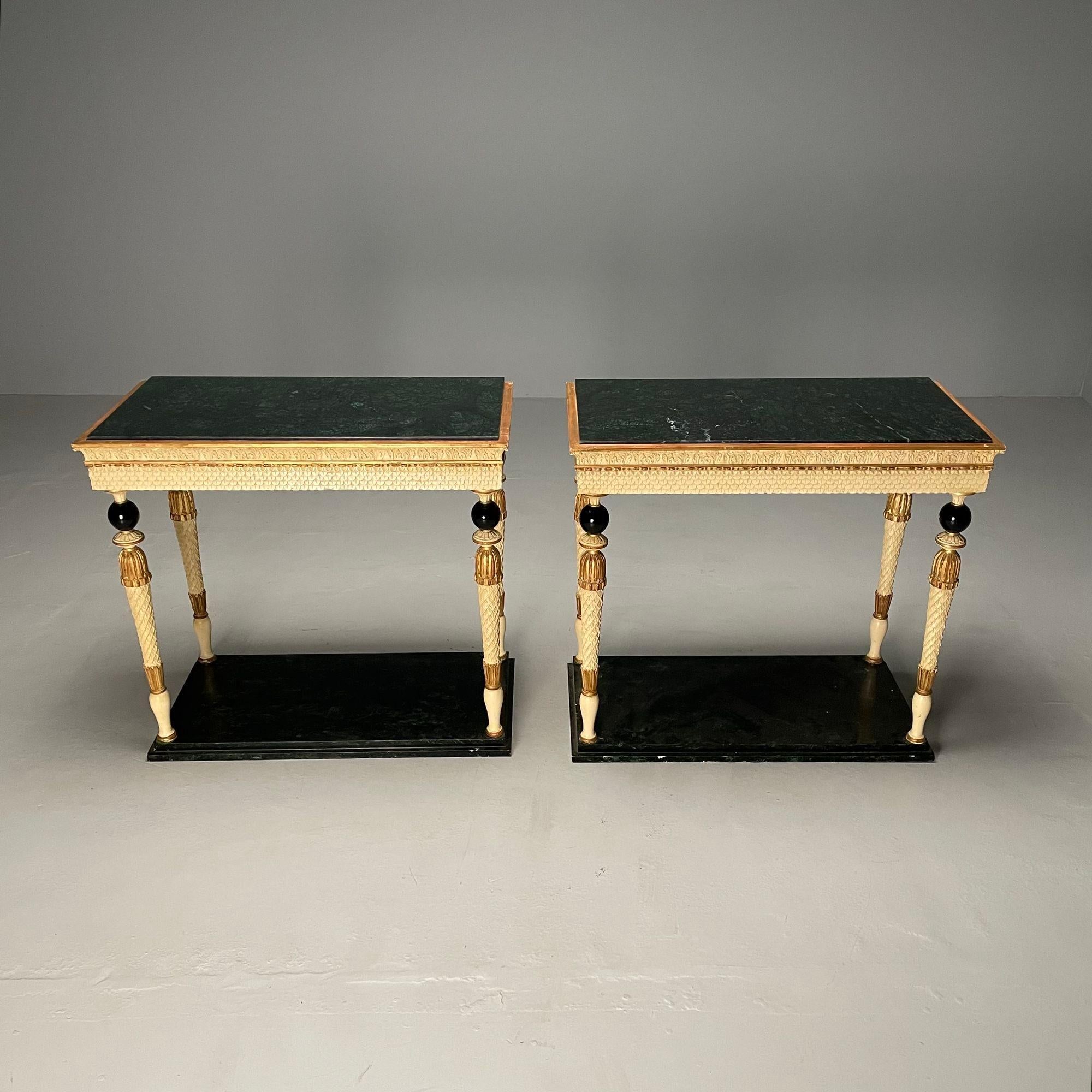 Pair of Swedish Neoclassical Maison Jansen Marble-Top Console Tables, French
A pair of neoclassical style marble-top console tables attributed to Maison Jansen as seen on page 201, of the Jansen Furniture book by James Archer Abbott.
This piece is