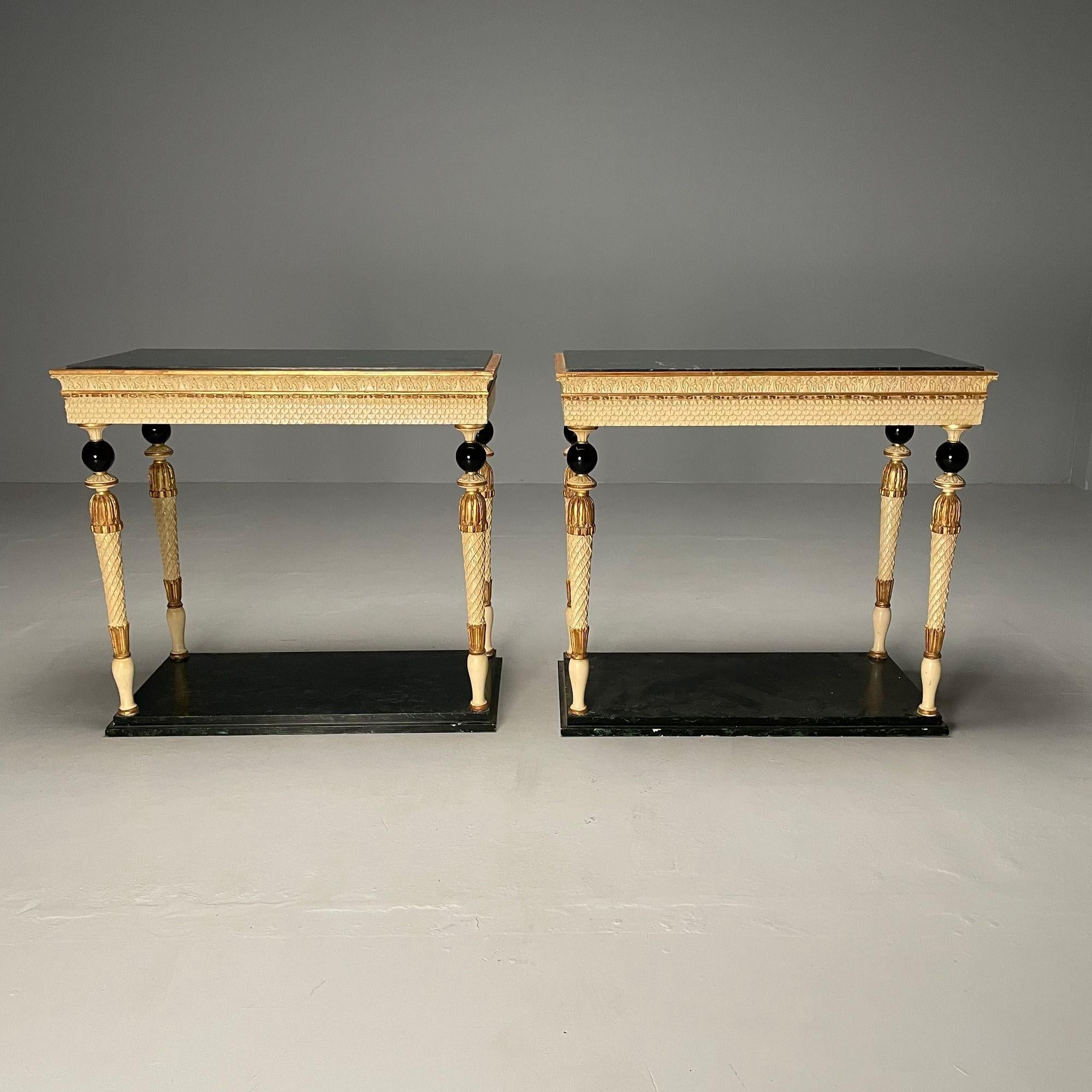 Maison Jansen, Swedish Neoclassical, Console Tables, Marble, Painted Wood, 1960s In Good Condition For Sale In Stamford, CT