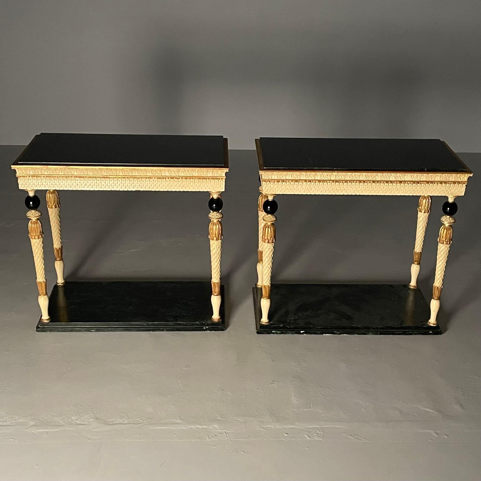 Mid-20th Century Maison Jansen, Swedish Neoclassical, Console Tables, Marble, Painted Wood, 1960s For Sale