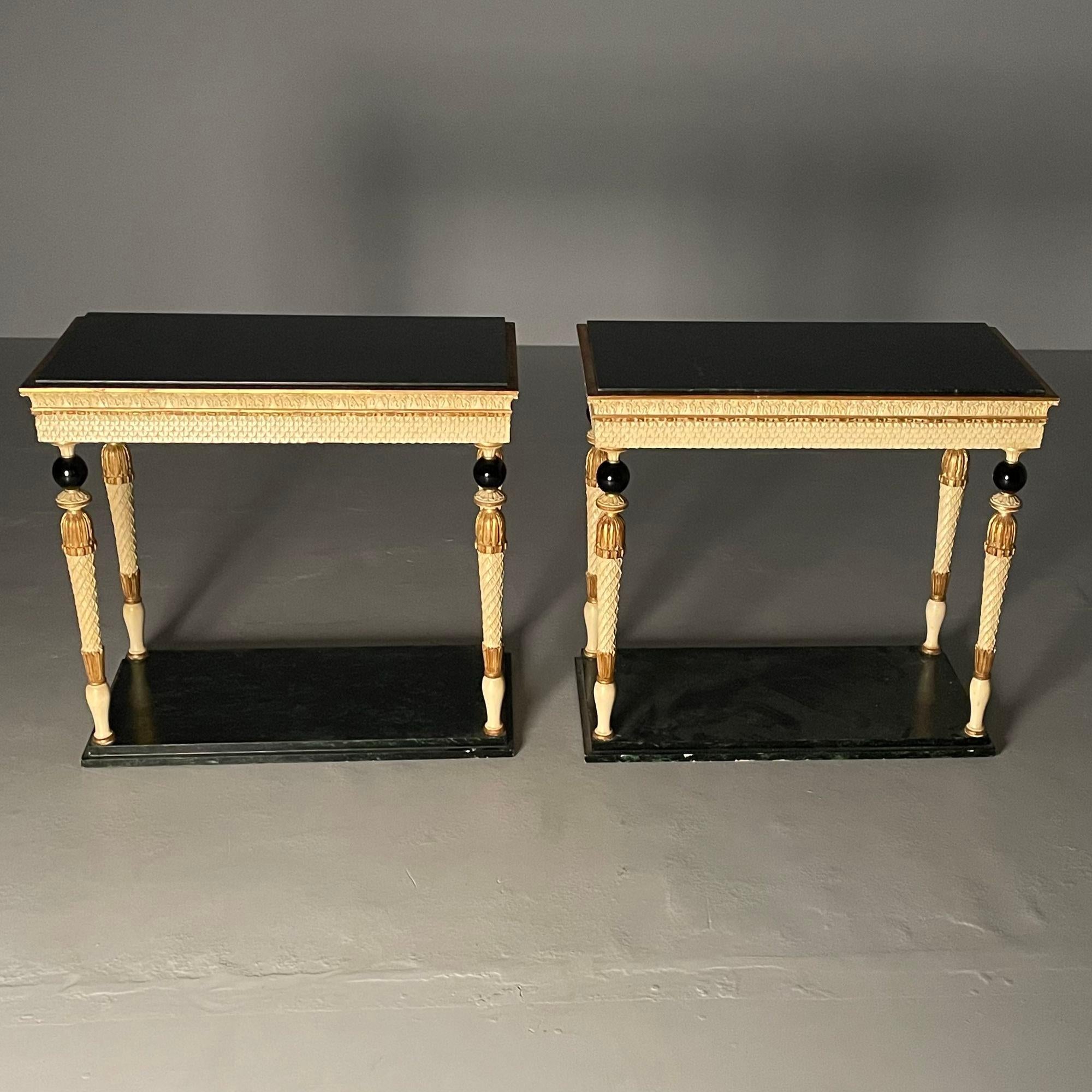 Maison Jansen, Swedish Neoclassical, Console Tables, Marble, Painted Wood, 1960s For Sale 1