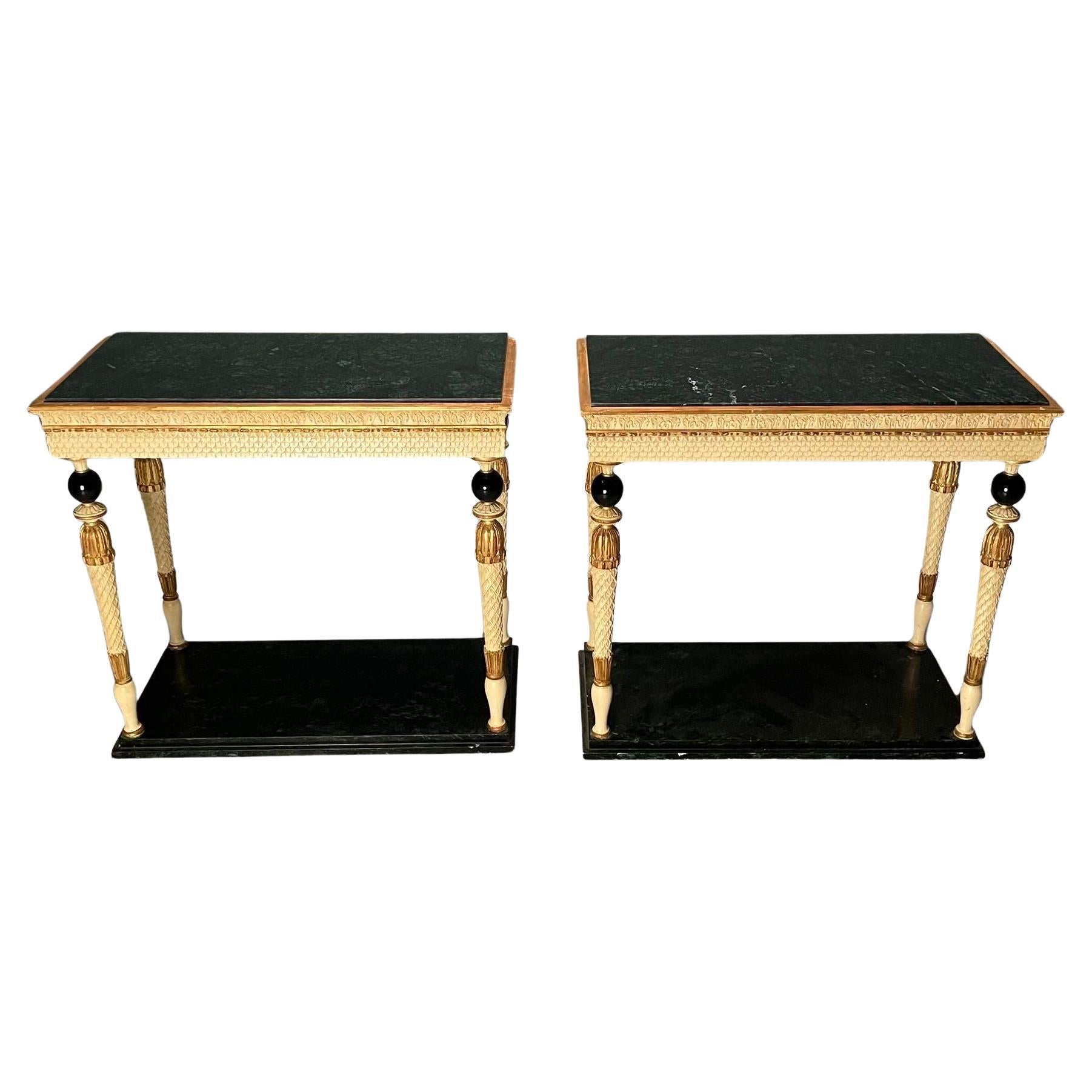 Maison Jansen, Swedish Neoclassical, Console Tables, Marble, Painted Wood, 1960s For Sale