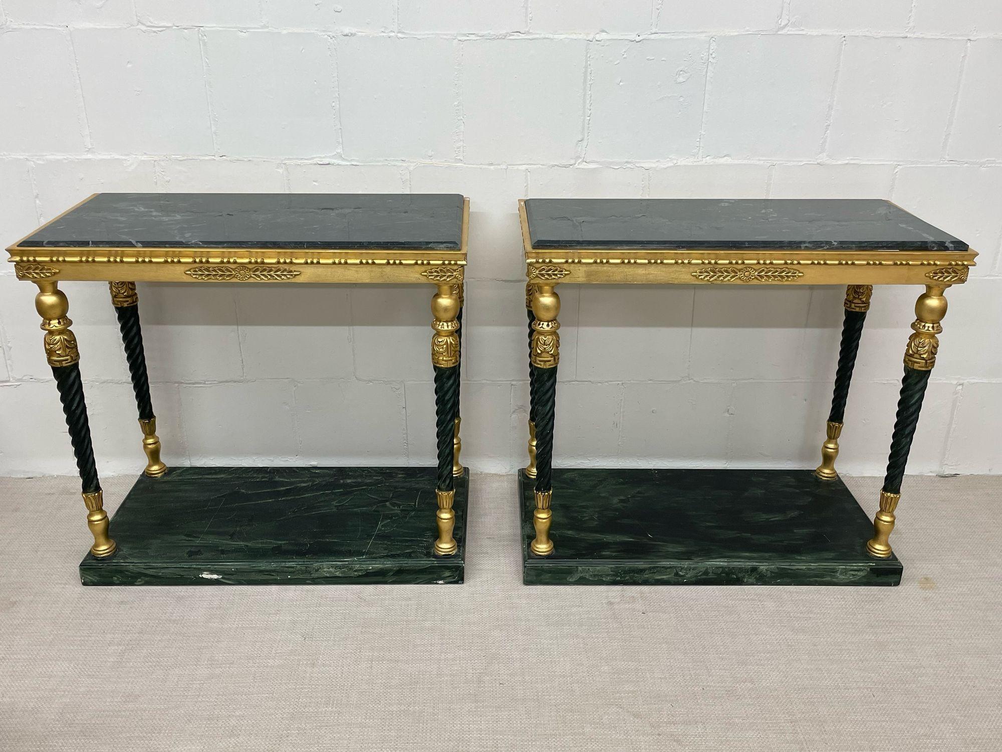 Pair of Swedish neoclassical Maison Jansen style marble top consoles

A simply stunning example of the Neoclassical era. The pair having Malachite style marble top with hand painted matching floor bases. The gilt wood carved apron leading to a