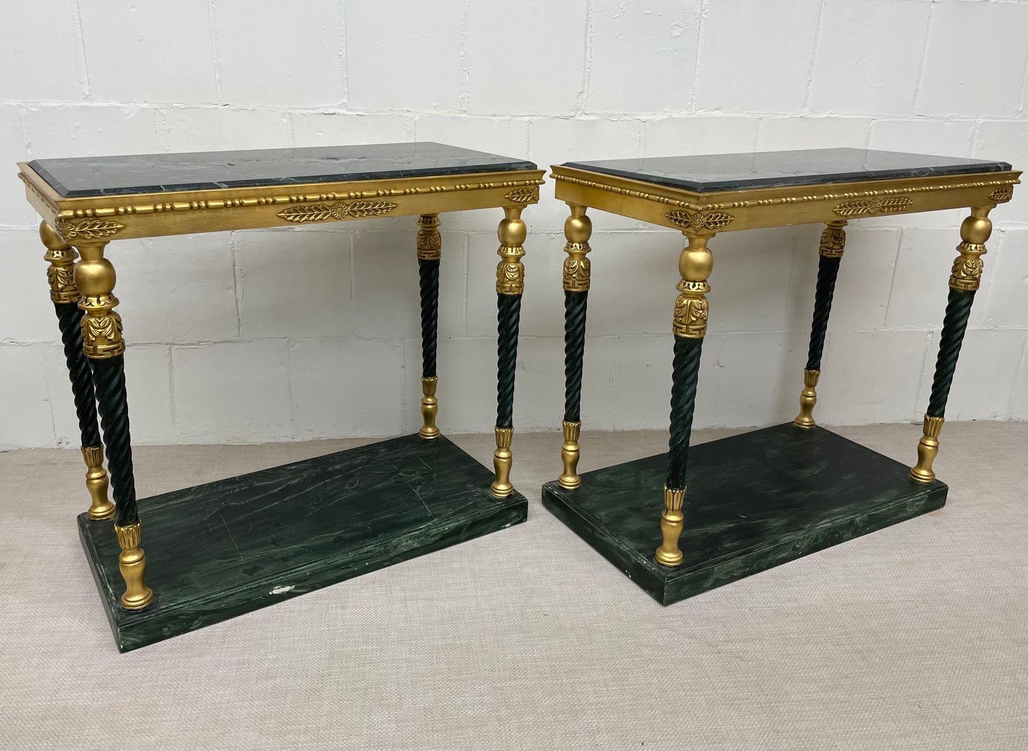 Hollywood Regency Pair of Swedish Neoclassical Maison Jansen Style Marble Top Consoles For Sale