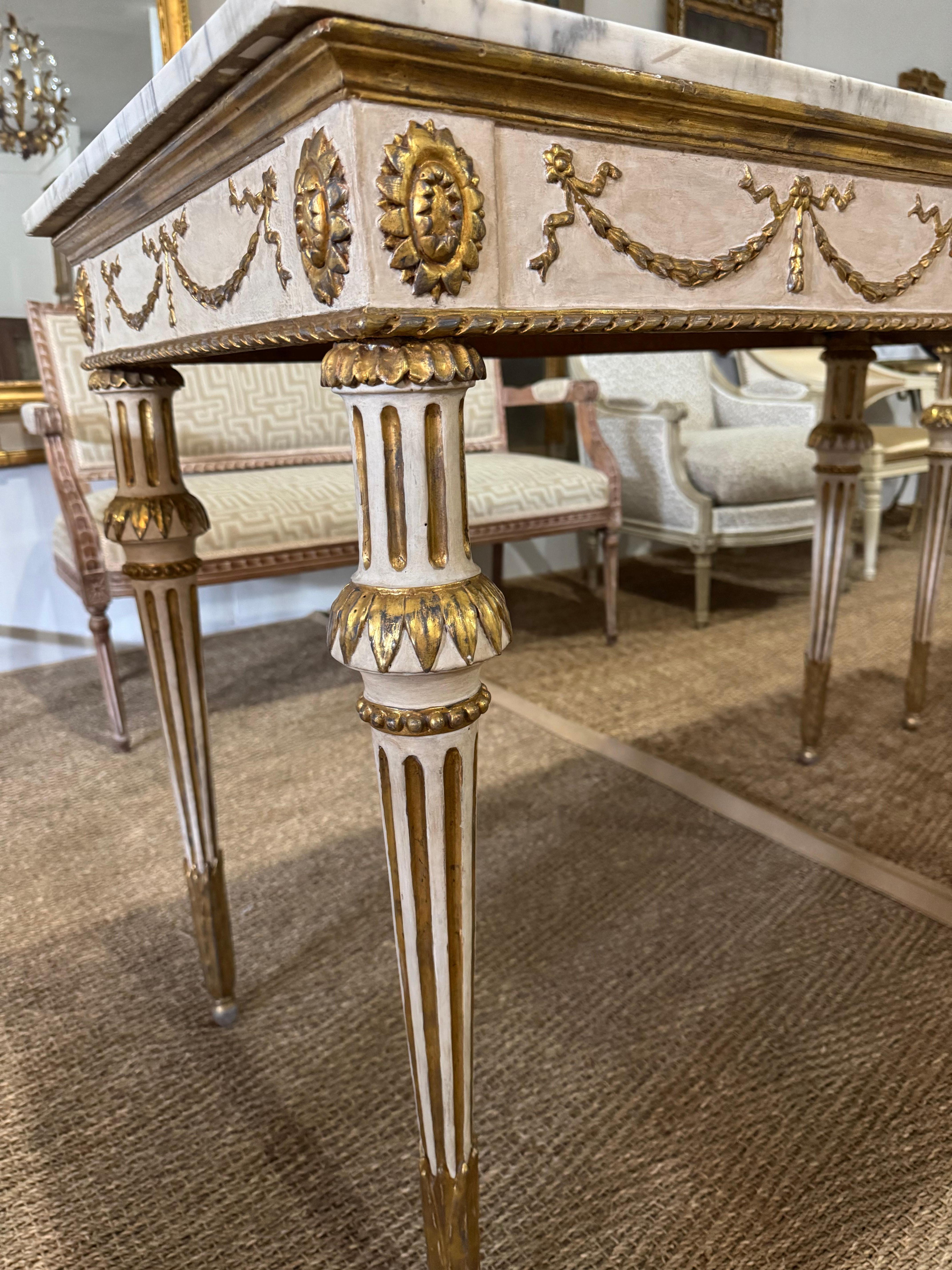 Coppia di tavoli da console svedesi neoclassici dipinti e dorati con marmo in vendita 6