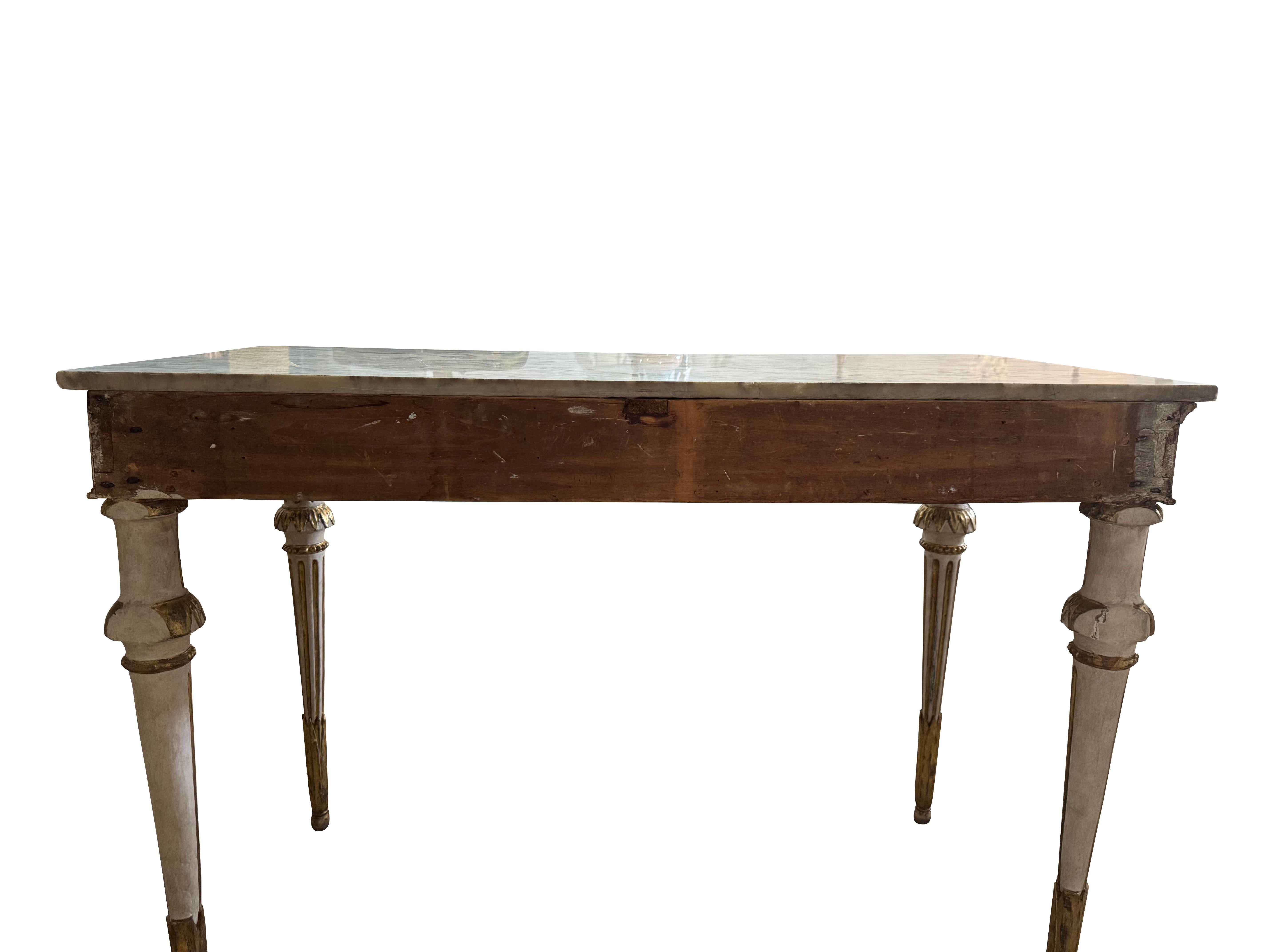 Coppia di tavoli da console svedesi neoclassici dipinti e dorati con marmo in vendita 7