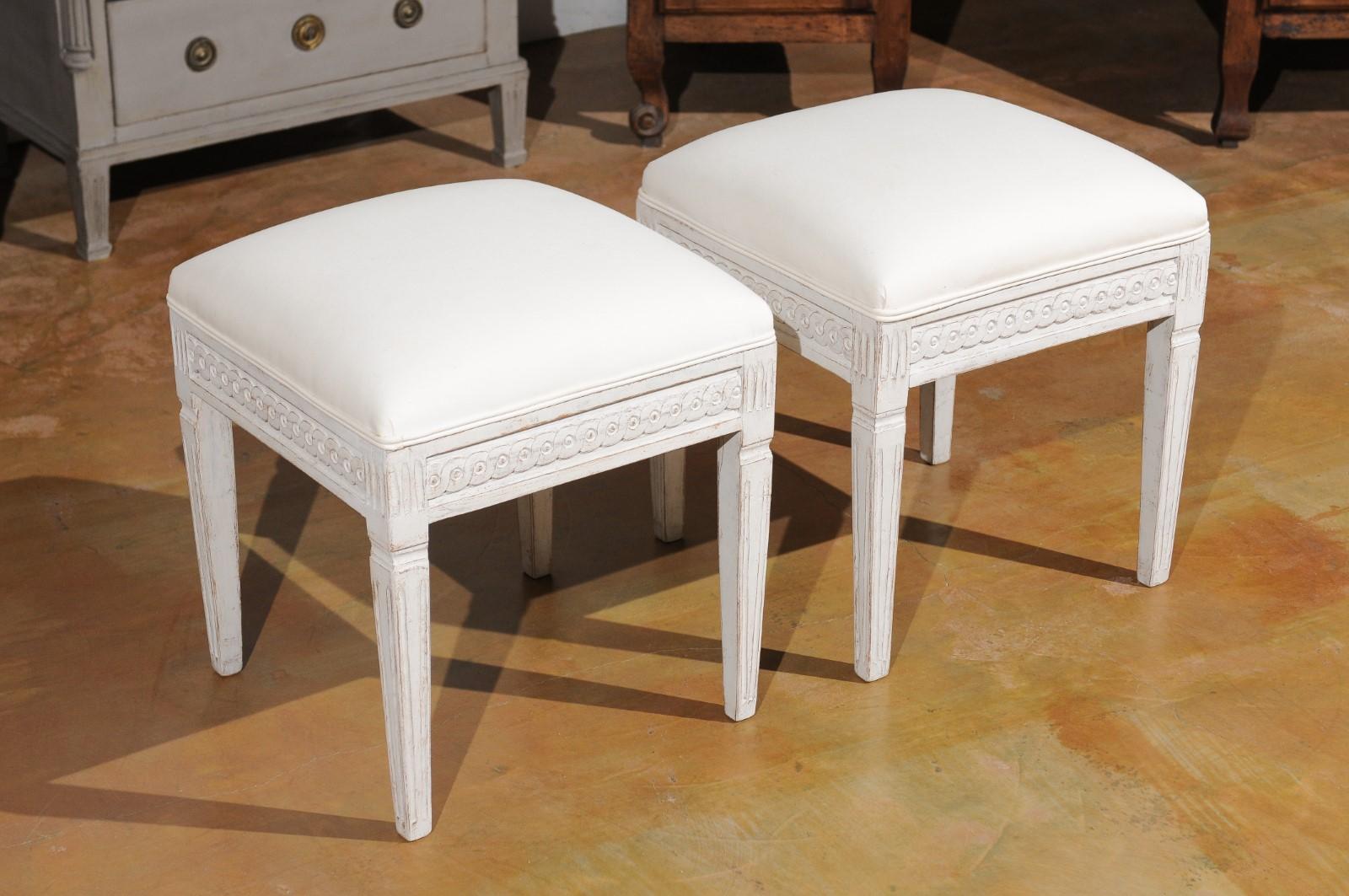 Pair of Swedish Neoclassical Style 1840s Painted Wood Stools with Guilloche 5