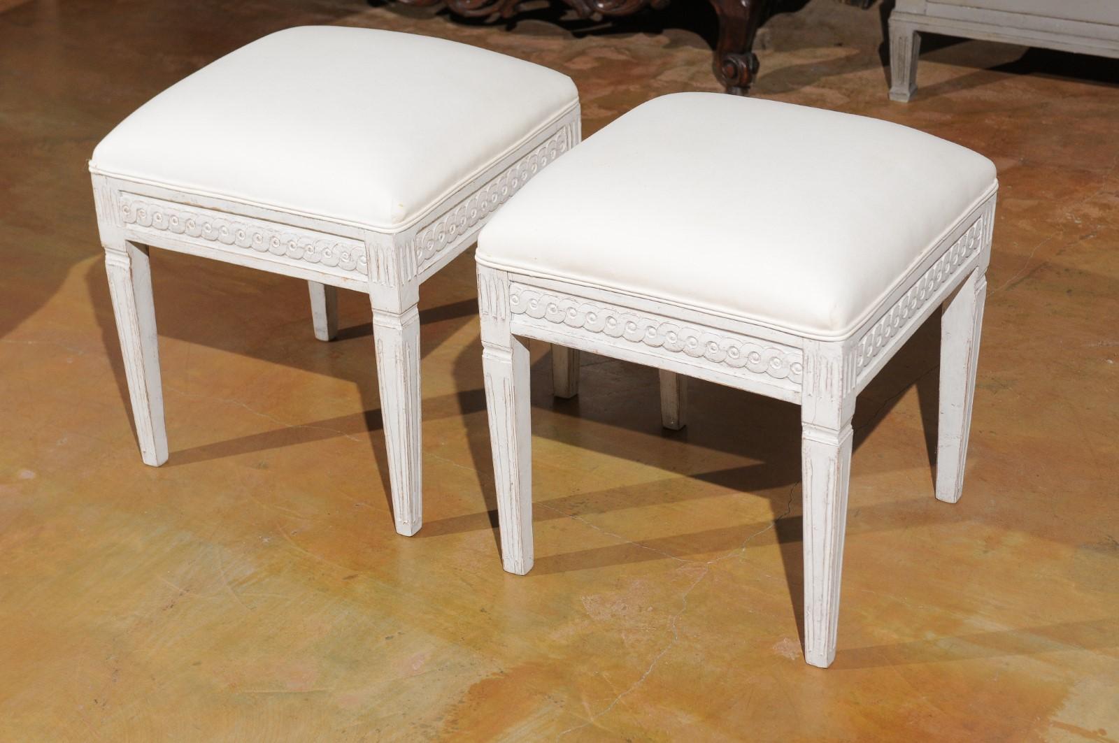 Pair of Swedish Neoclassical Style 1840s Painted Wood Stools with Guilloche 6