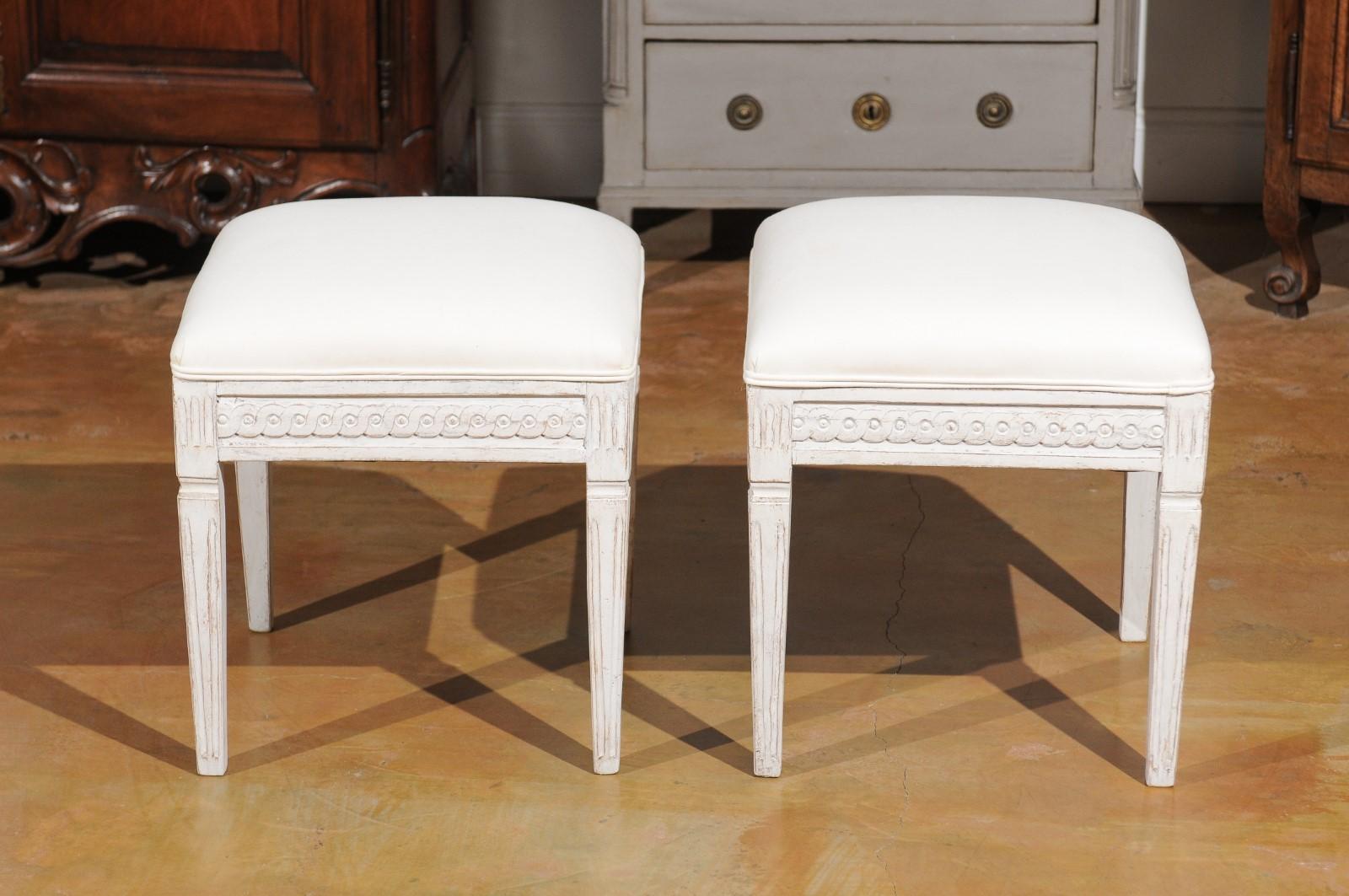 Pair of Swedish Neoclassical Style 1840s Painted Wood Stools with Guilloche 1